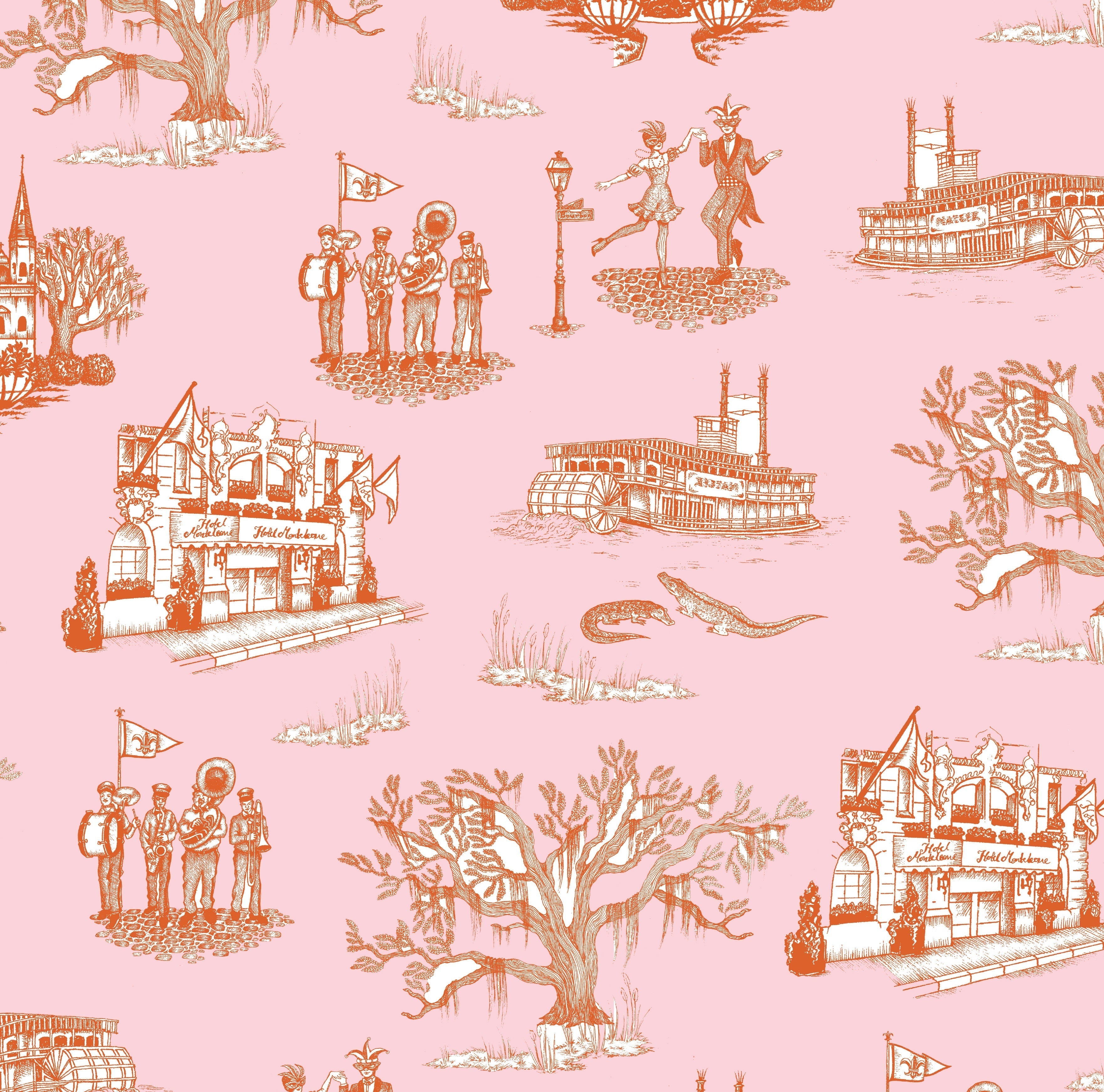 New Orleans Toile Wallpaper in black color - pattern number KK17123_Orange_Pink_KH300 - by Katie Kime in the collection
