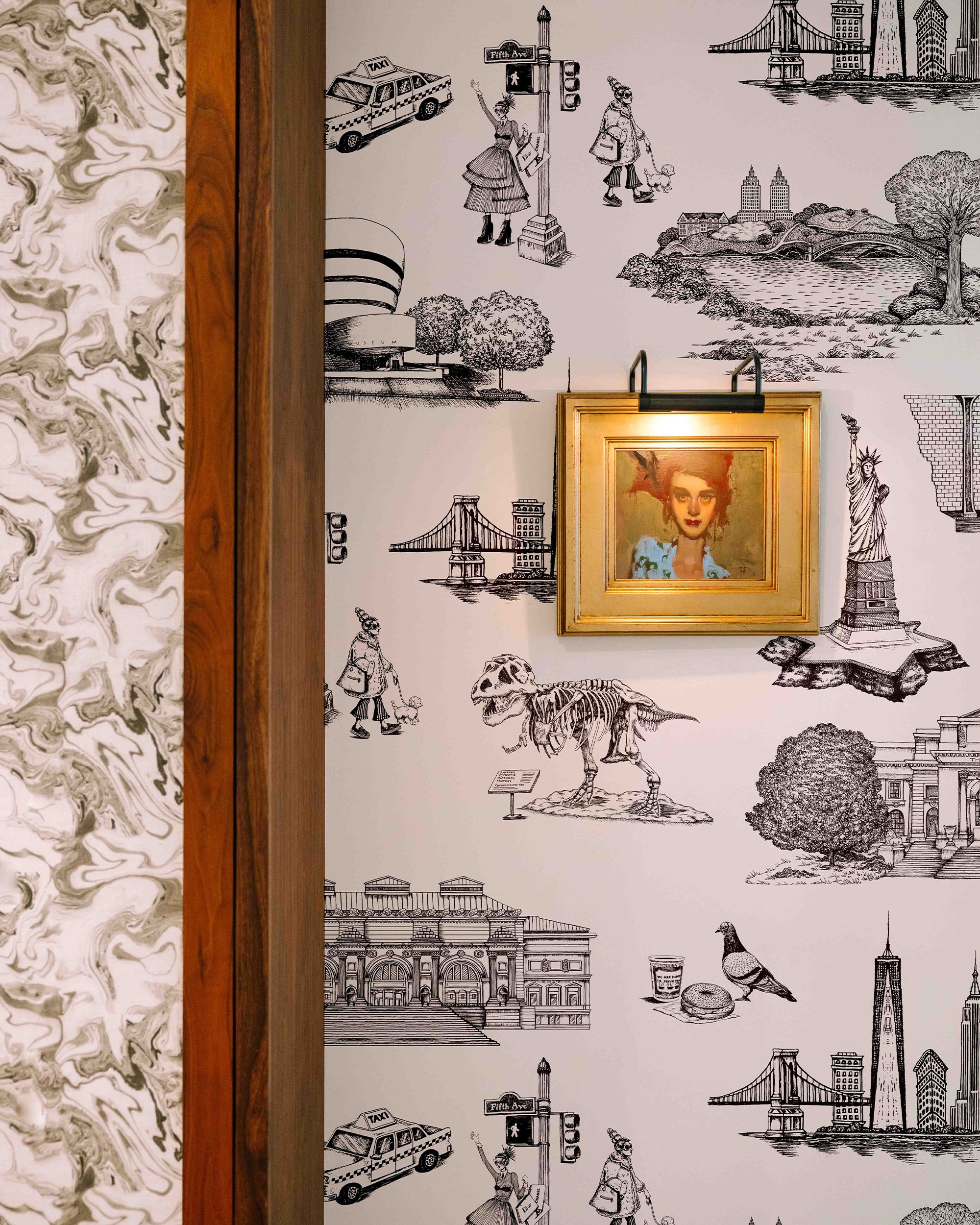 New York Toile Wallpaper in orange magenta color - pattern number KK17124_Black_KH300 - by Katie Kime in the collection