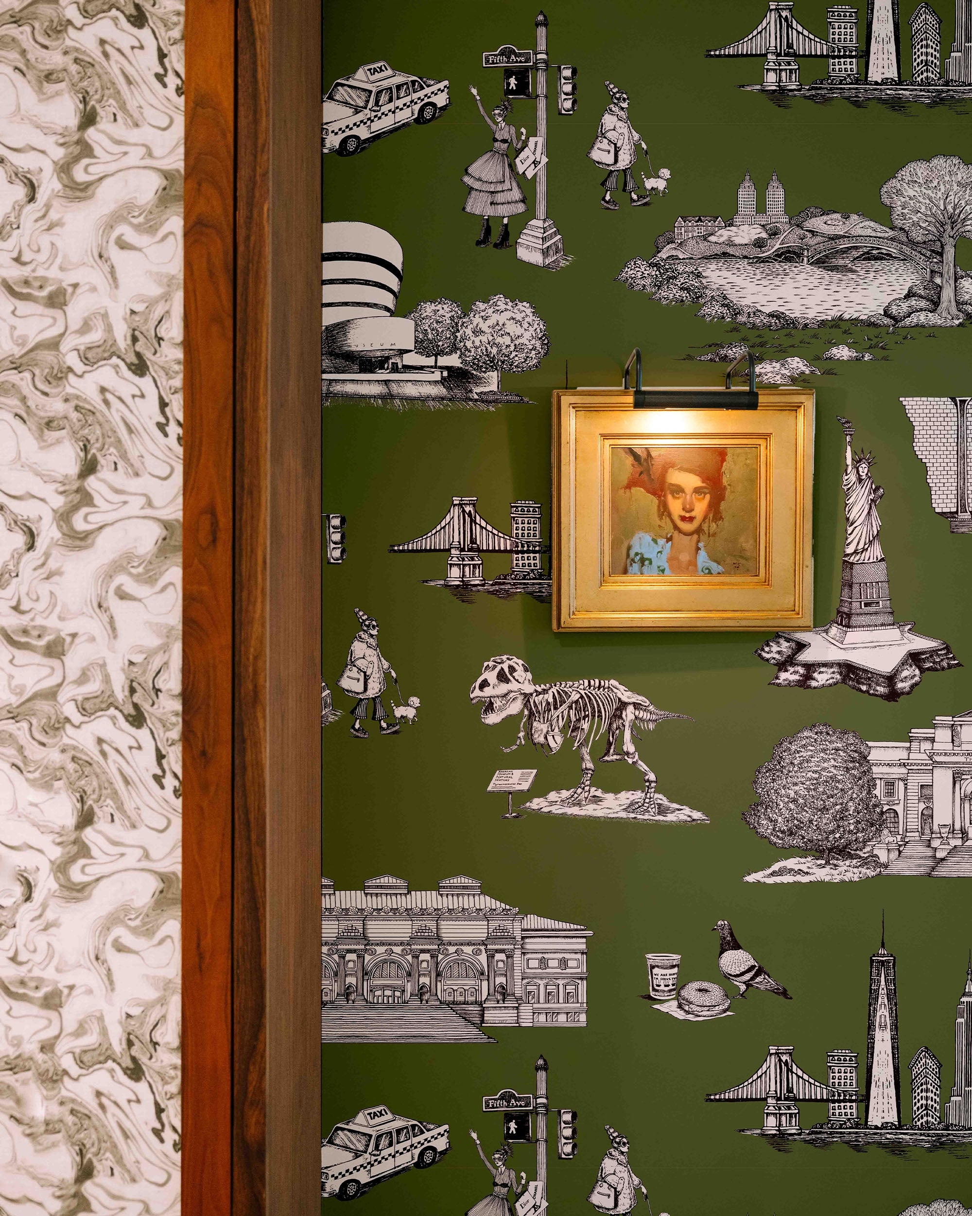 New York Toile Wallpaper in Hunter color - pattern number KK17124_Hunter_KH300 - by Katie Kime in the collection
