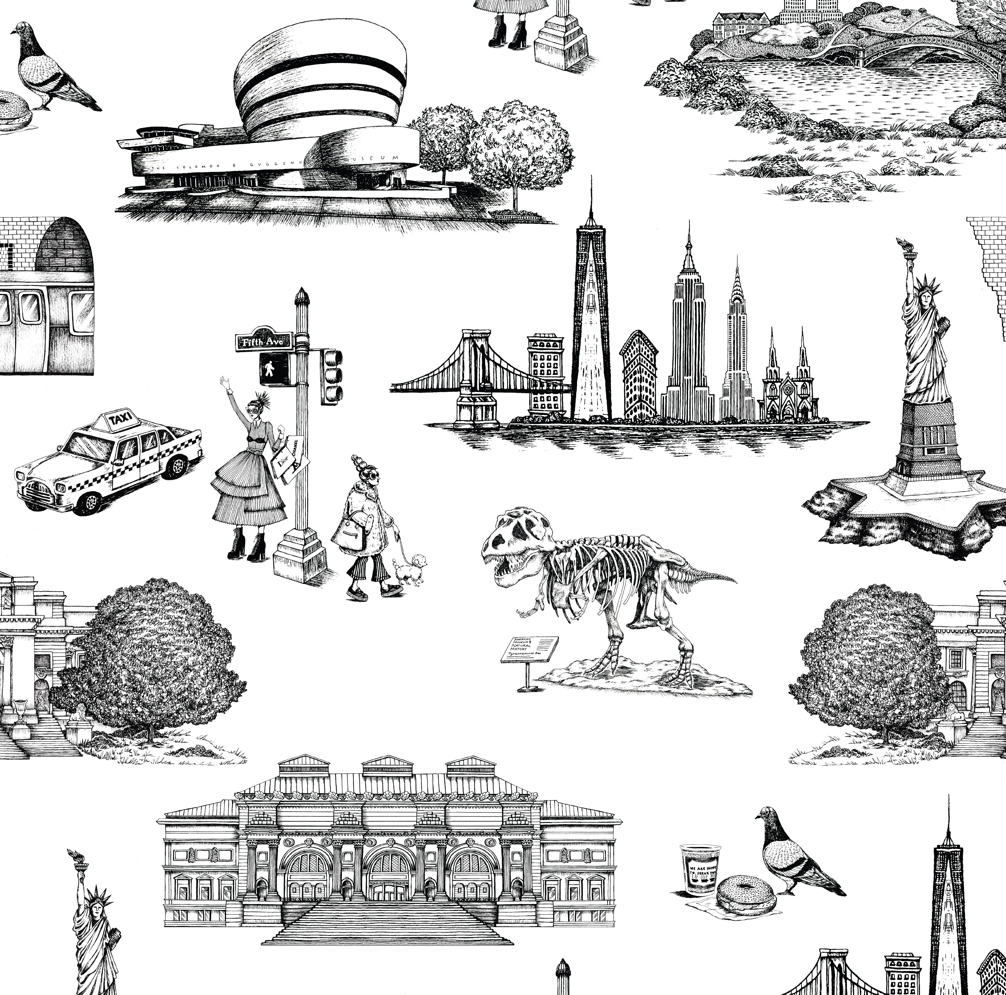 New York Toile Wallpaper in orange magenta color - pattern number KK17124_Black_KH300 - by Katie Kime in the collection