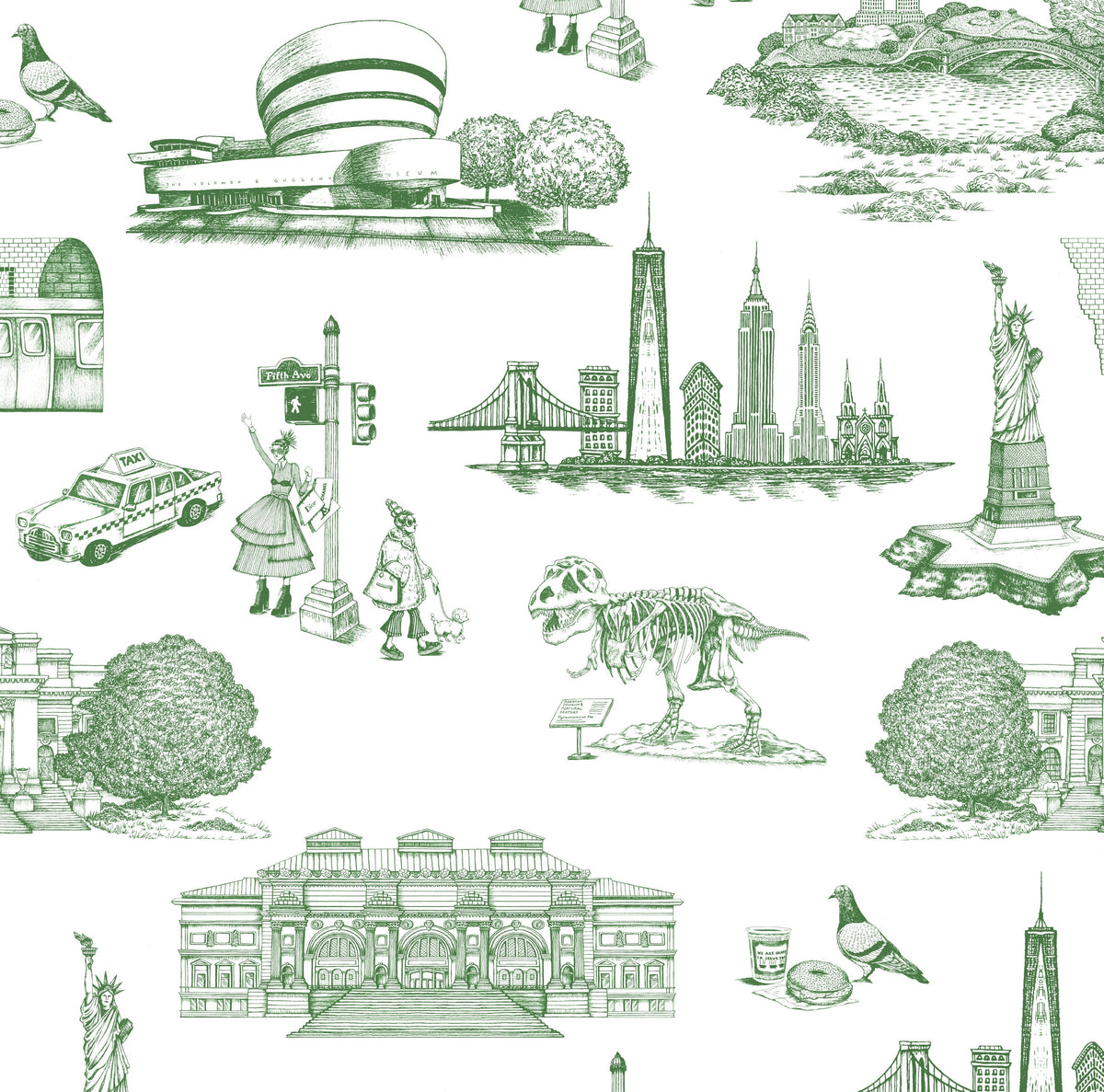 New York Toile Peel and Stick Wallpaper in Green color - pattern number KK17124_Green_KH306 - by Katie Kime in the collection