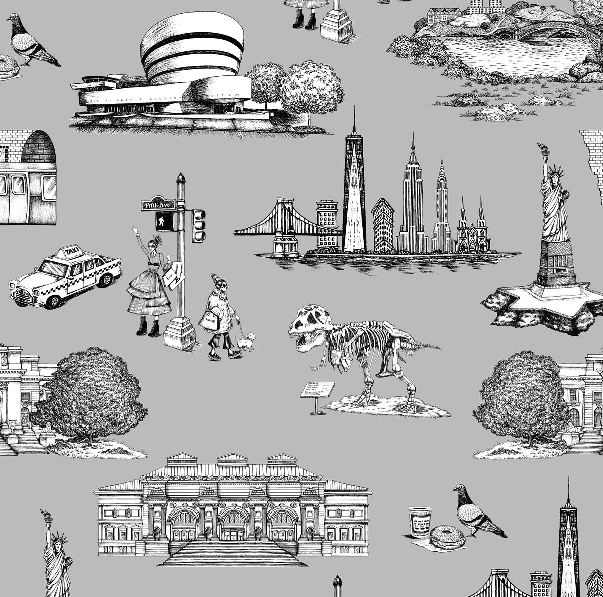 New York Toile Peel and Stick Wallpaper in Grey color - pattern number KK17124_Grey_KH306 - by Katie Kime in the collection
