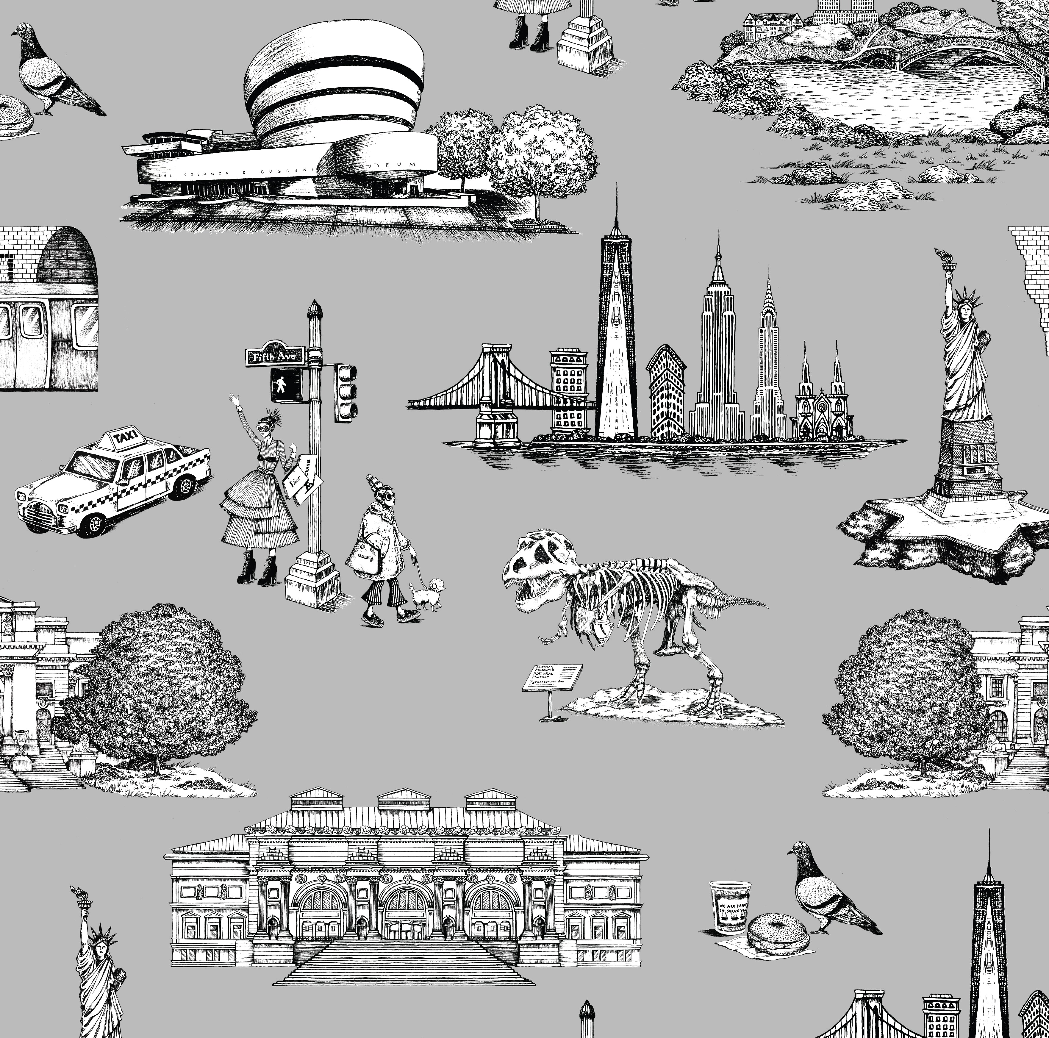New York Toile Wallpaper in Grey color - pattern number KK17124_Grey_KH300 - by Katie Kime in the collection