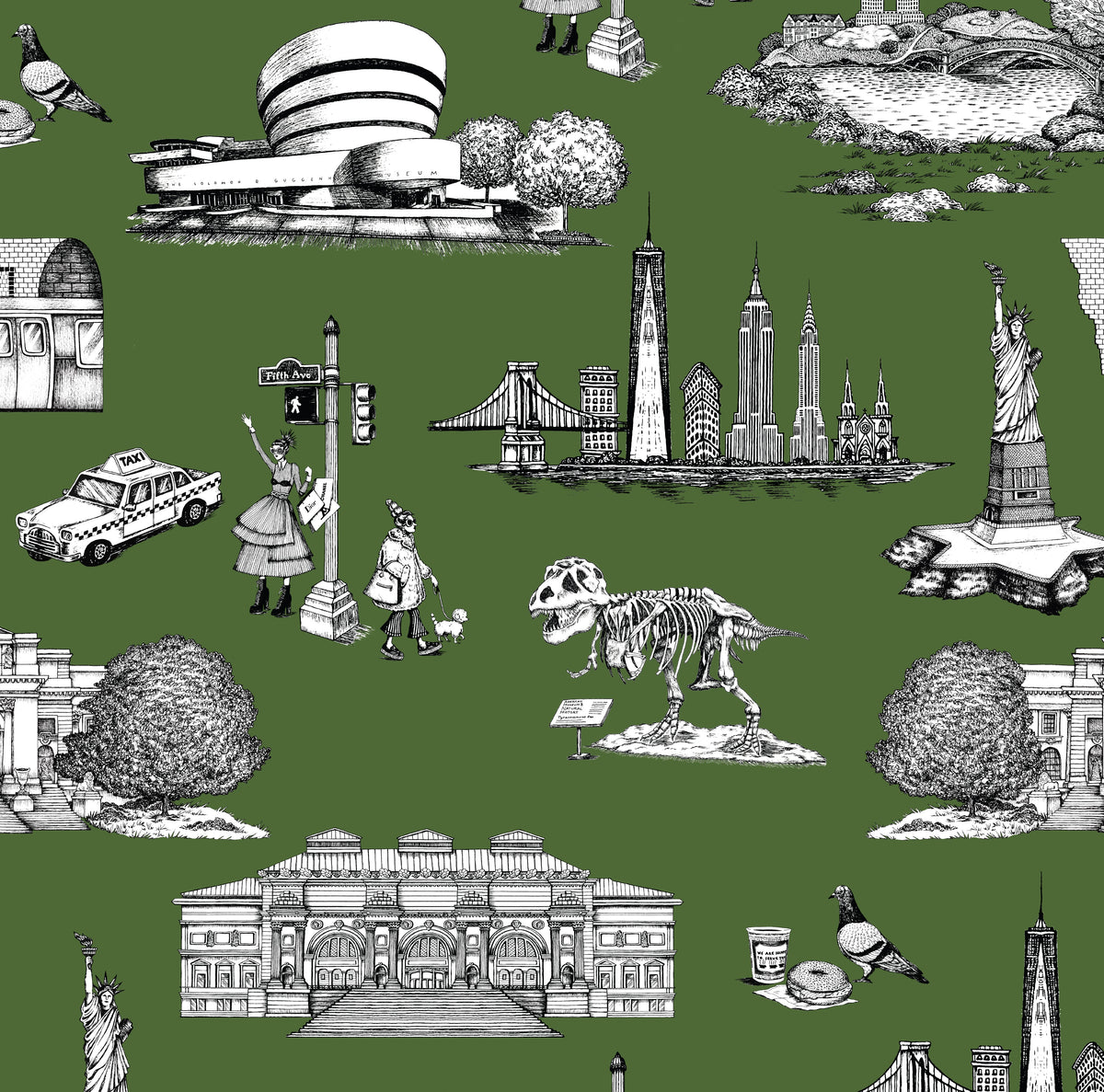 New York Toile Wallpaper in Hunter color - pattern number KK17124_Hunter_KH300 - by Katie Kime in the collection