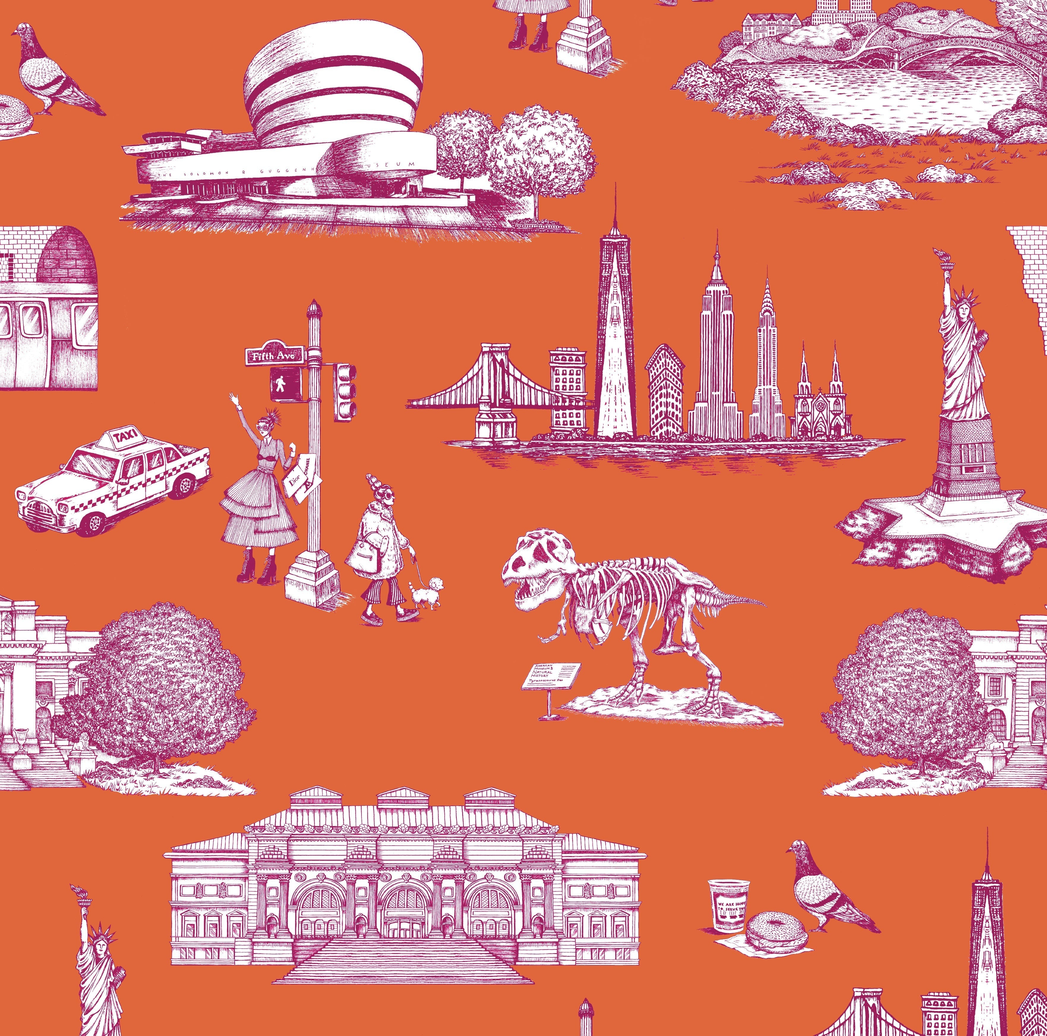 New York Toile Wallpaper in yellow color - pattern number KK17124_Orange_Magenta_KH300 - by Katie Kime in the collection