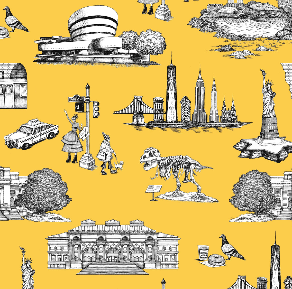 New York Toile Peel and Stick Wallpaper in Yellow color - pattern number KK17124_Yellow_KH306 - by Katie Kime in the collection