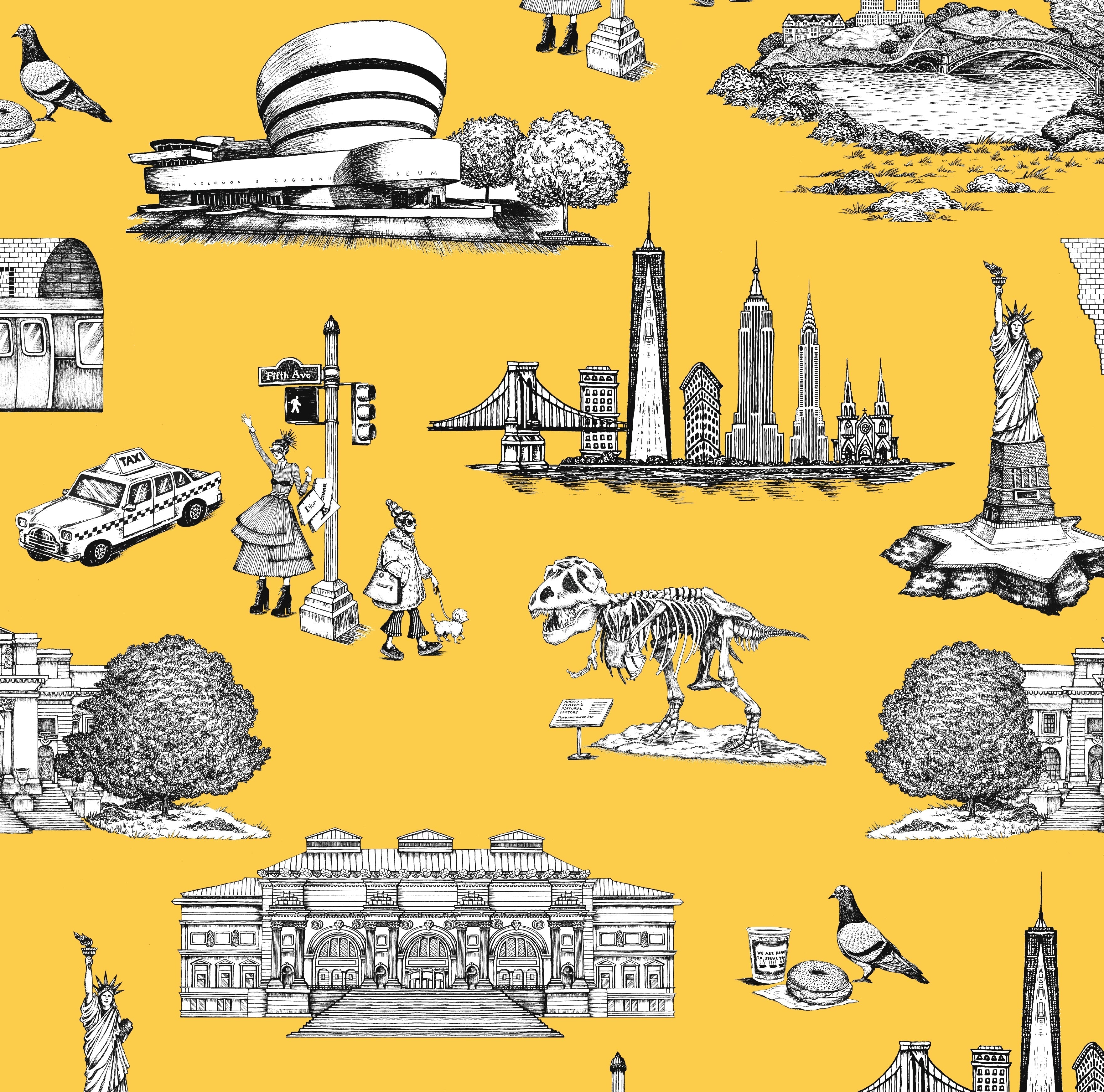 New York Toile Wallpaper in green color - pattern number KK17124_Yellow_KH300 - by Katie Kime in the collection