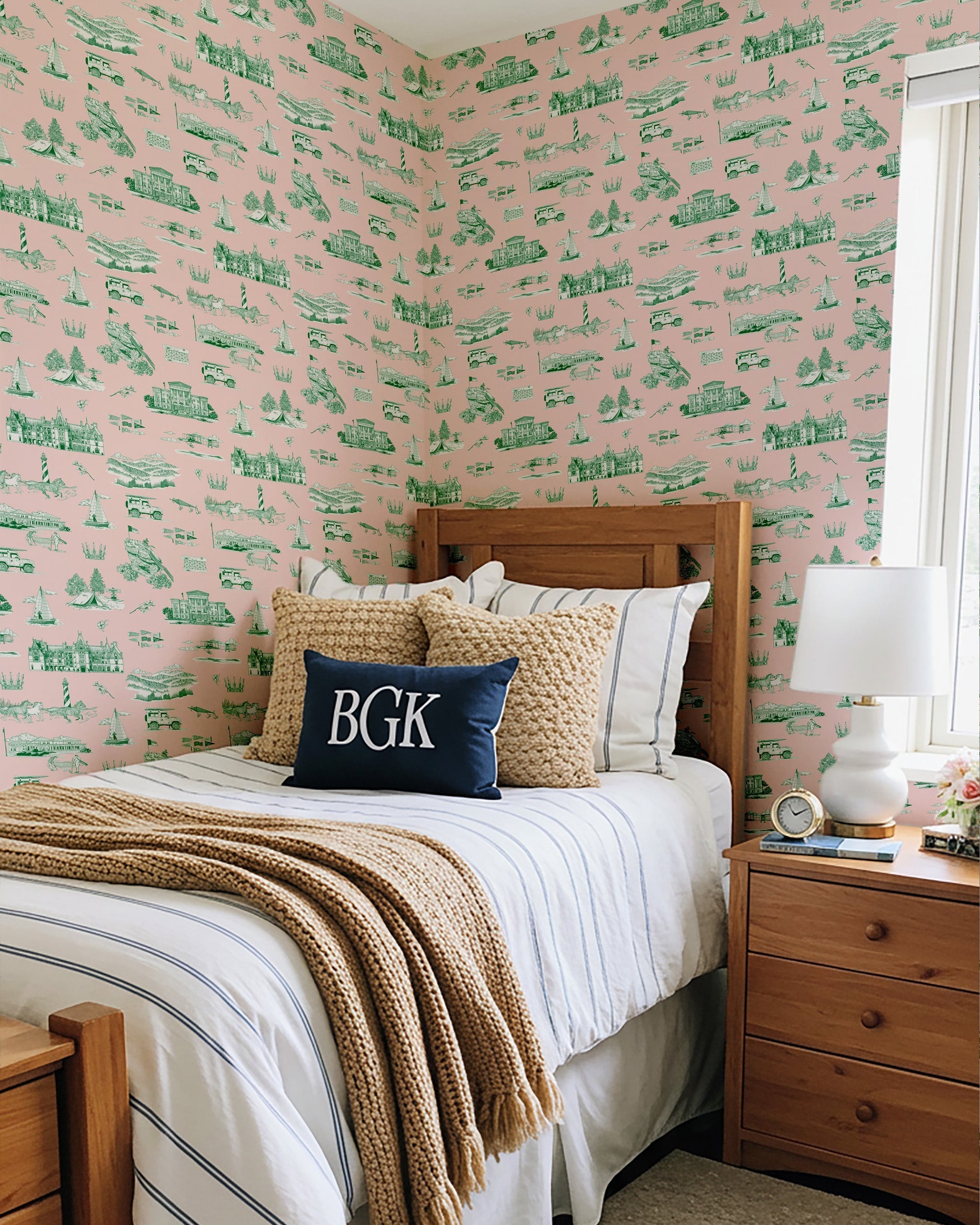 North Carolina Toile Peel and Stick Wallpaper in Pink Green color - pattern number KK835_Pink_Green_KH306 - by Katie Kime in the collection