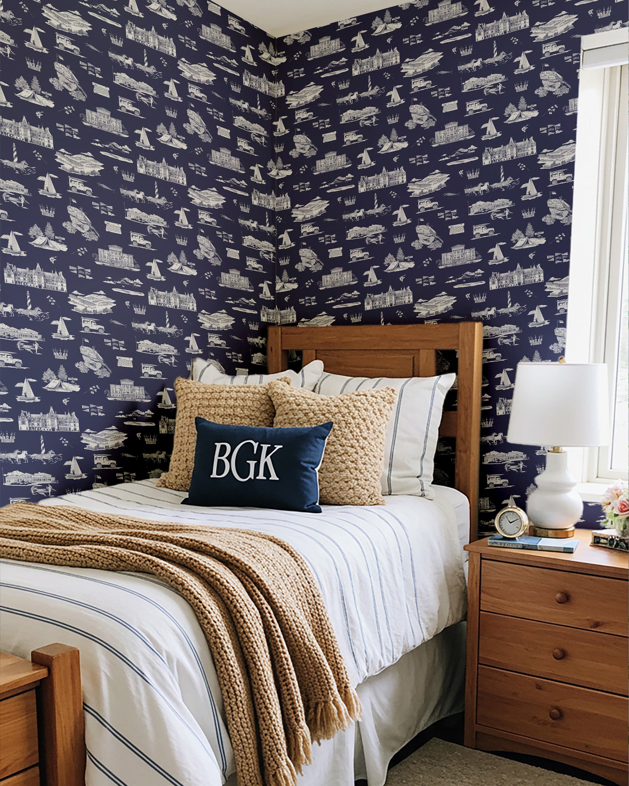 North Carolina Toile Wallpaper in pink green color - pattern number KK835_Navy_White_KH300 - by Katie Kime in the collection