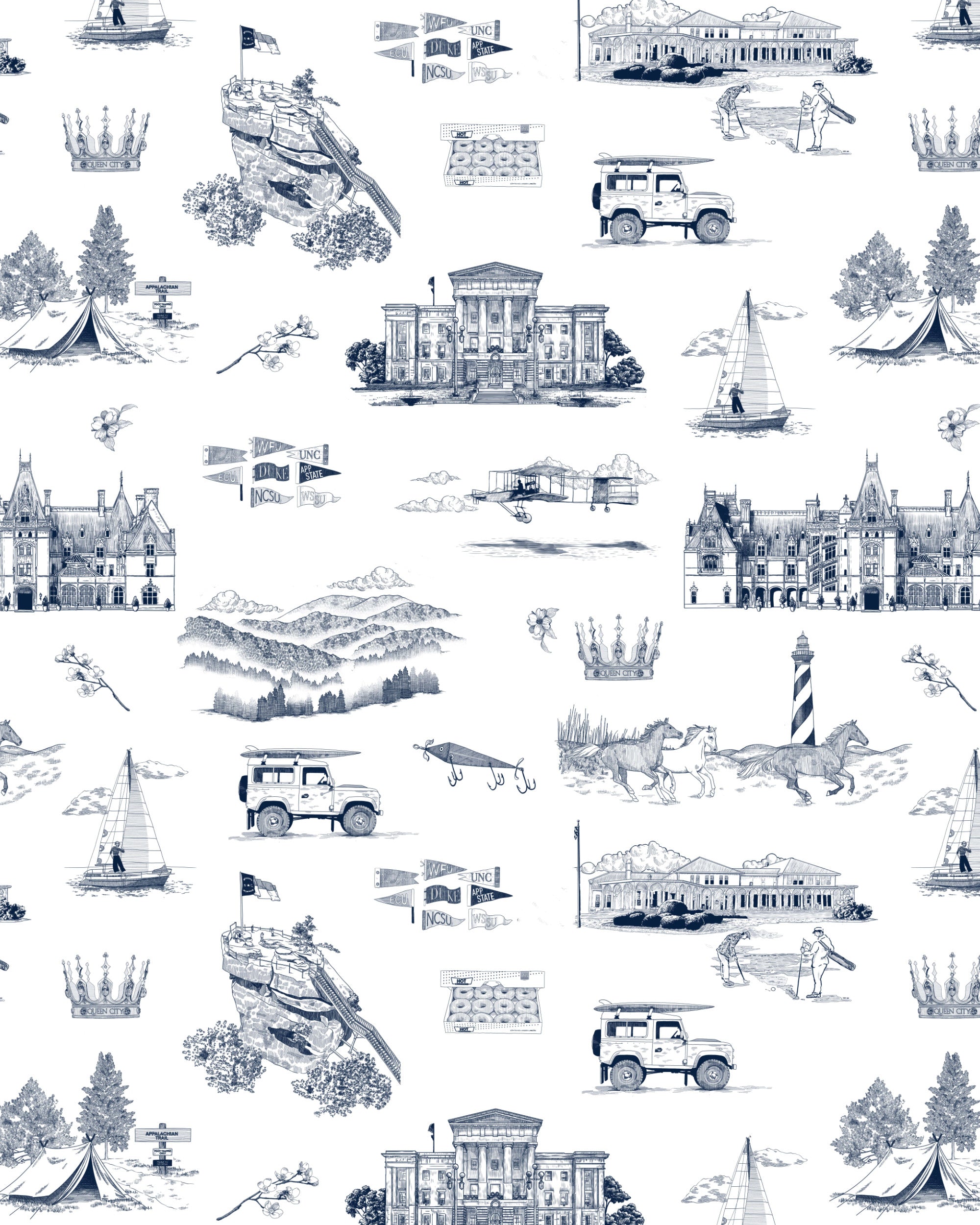 North Carolina Toile Wallpaper in navy color - pattern number KK835_Navy_KH300 - by Katie Kime in the collection