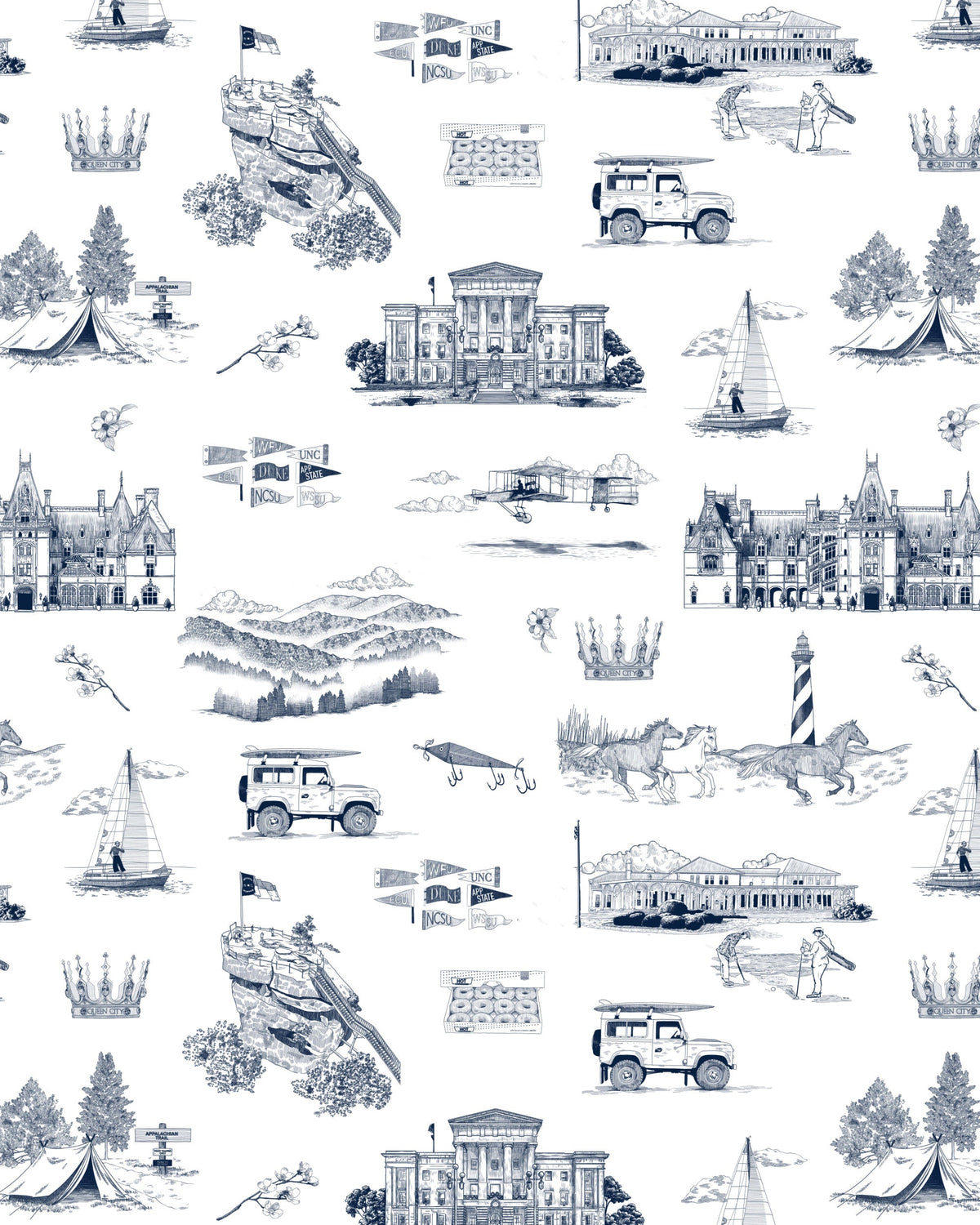 North Carolina Toile Wallpaper in Navy color - pattern number KK835_Navy_KH300 - by Katie Kime in the collection