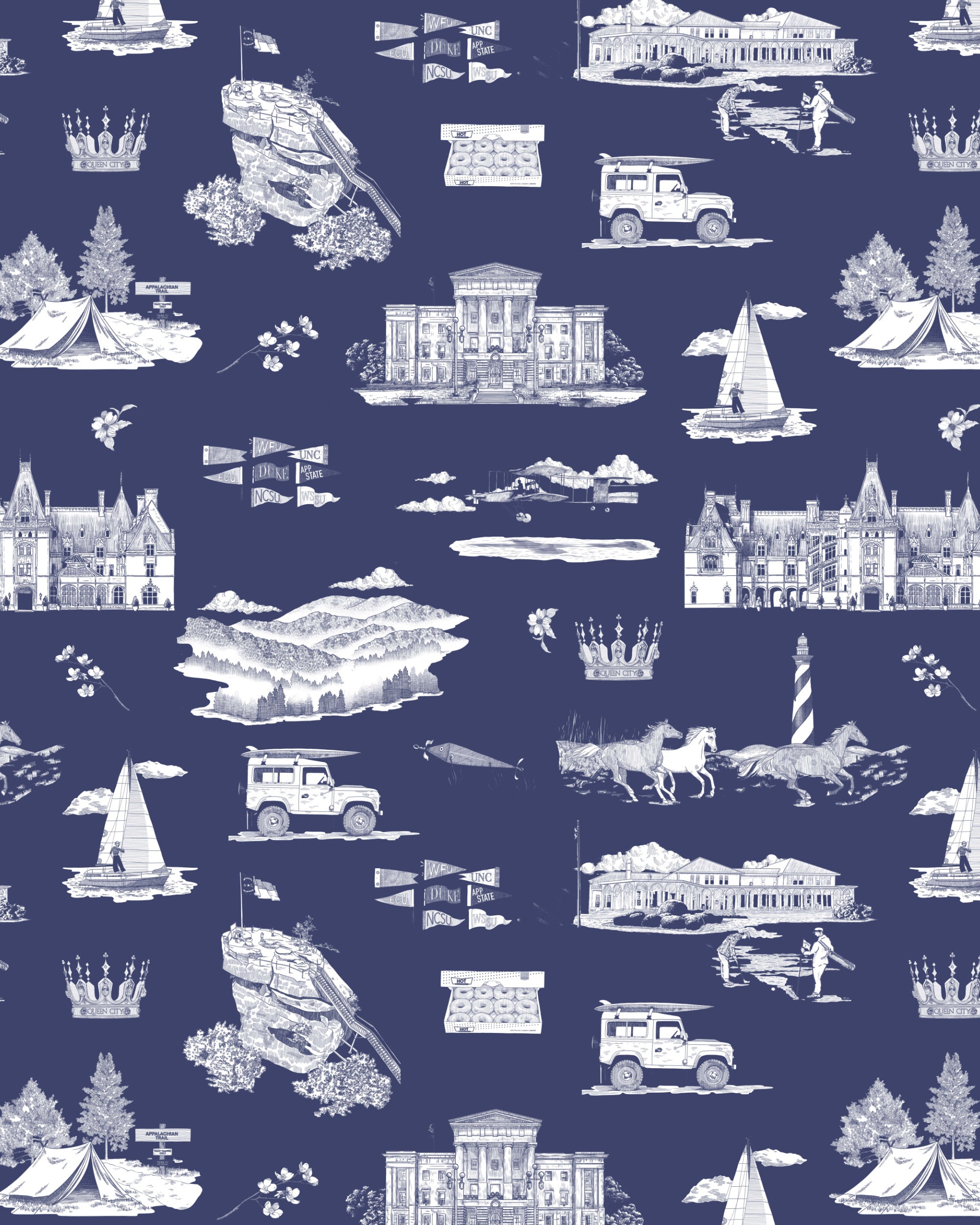 North Carolina Toile Wallpaper in pink green color - pattern number KK835_Navy_White_KH300 - by Katie Kime in the collection
