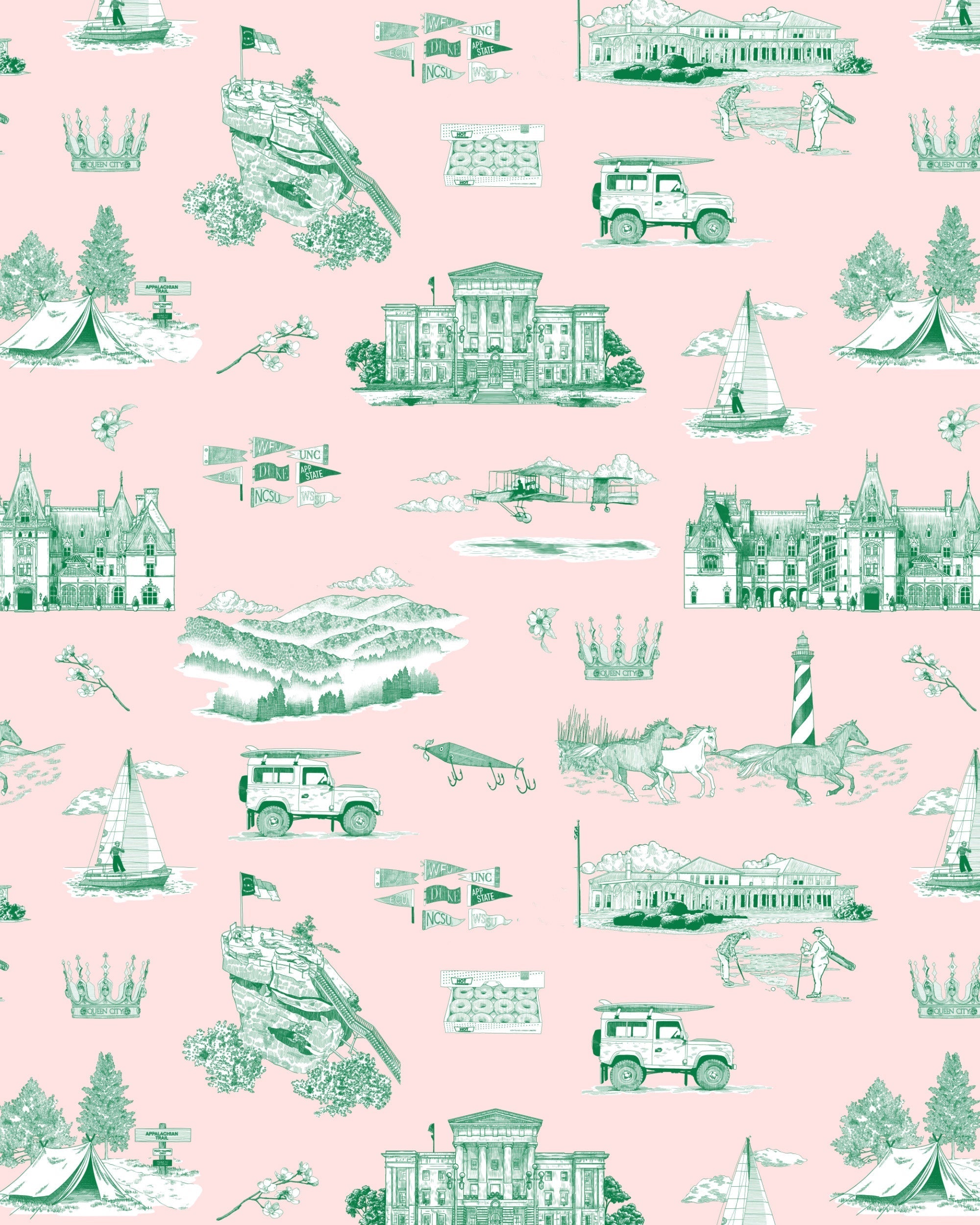 North Carolina Toile Peel and Stick Wallpaper in Pink Green color - pattern number KK835_Pink_Green_KH306 - by Katie Kime in the collection