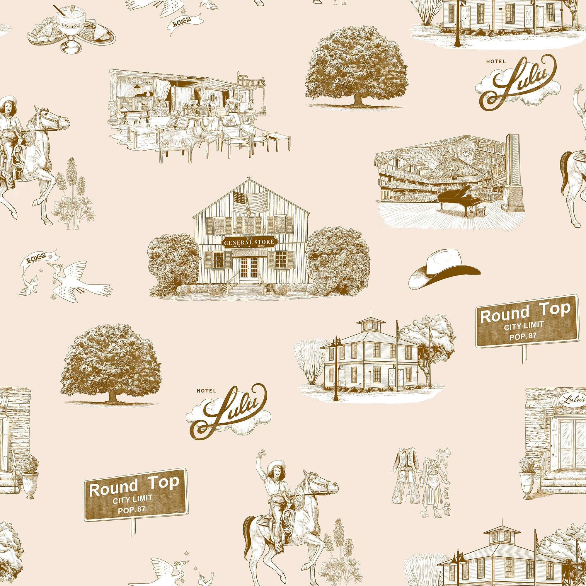 Round Top Toile Peel and Stick Wallpaper in beige brown color - pattern number KK796_Beige_Brown_KH306 - by Katie Kime in the collection