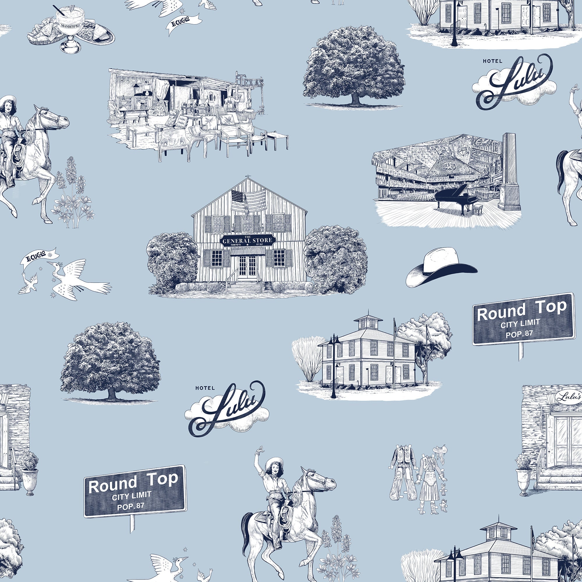 Round Top Toile Peel and Stick Wallpaper in light blue navy color - pattern number KK796_Light_Blue_Navy_KH306 - by Katie Kime in the collection