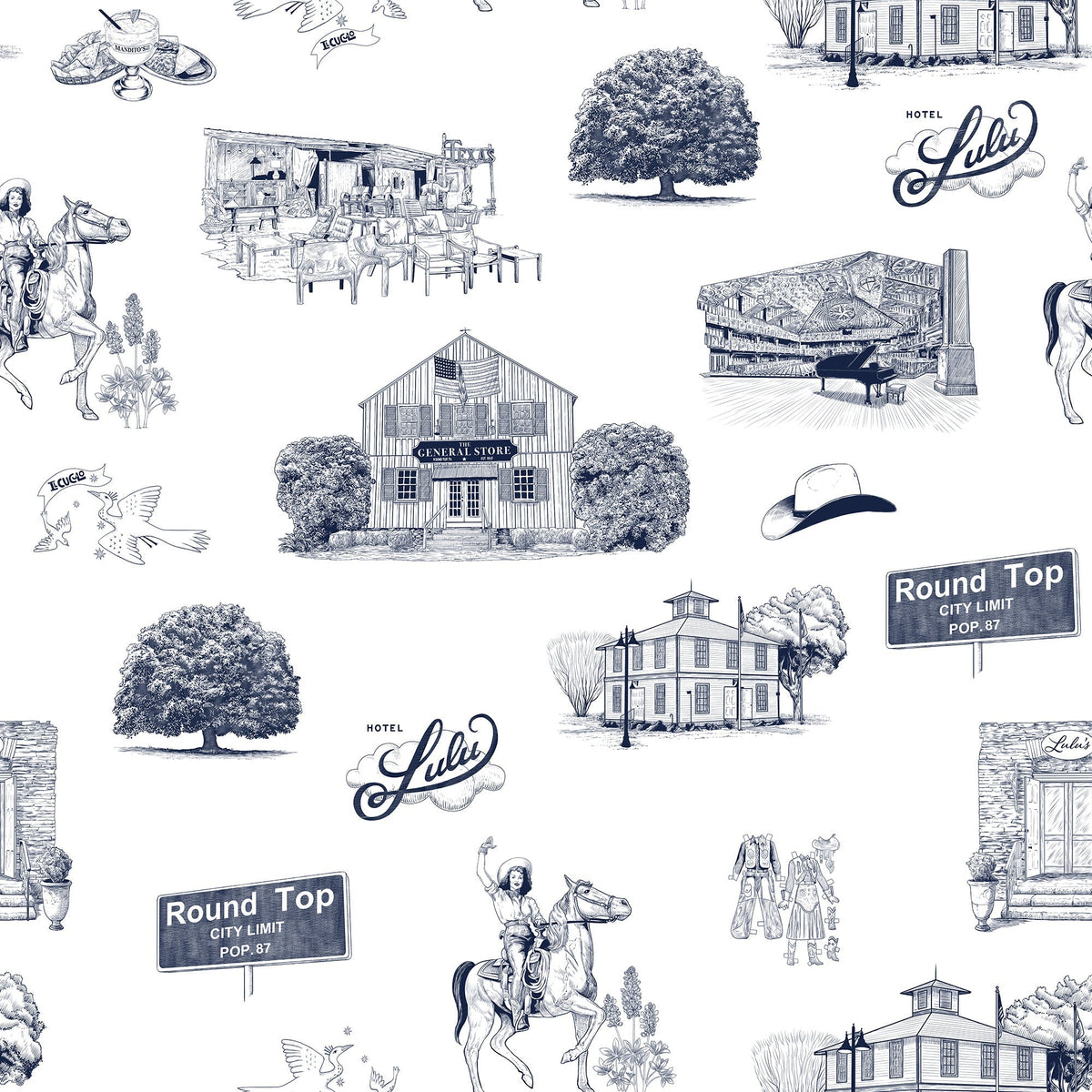 Round Top Toile Wallpaper in Navy color - pattern number KK796_Navy_KH300 - by Katie Kime in the collection