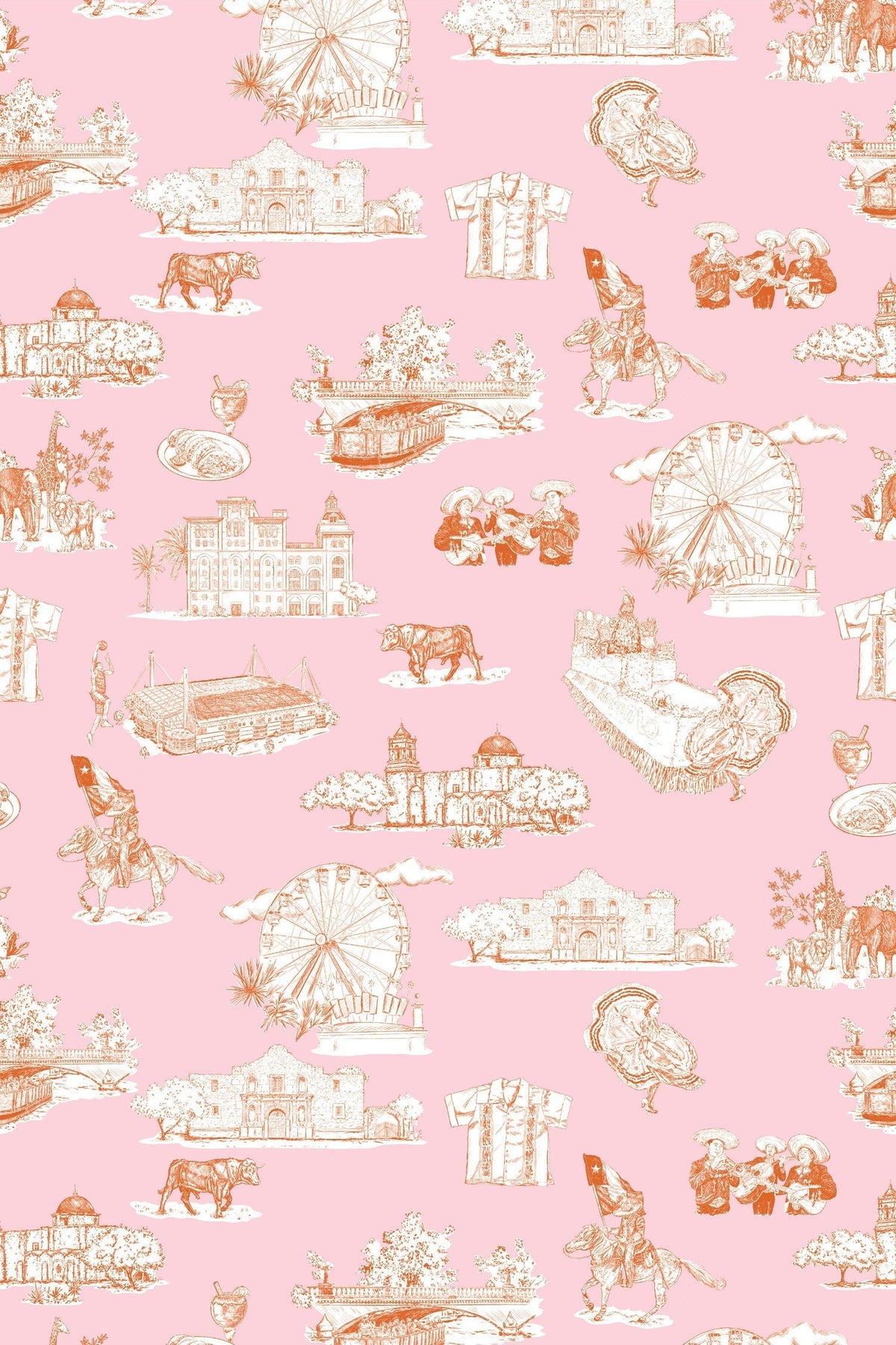 San Antonio Toile Wallpaper in Pink Orange color - pattern number KK780_Pink_Orange_KH300 - by Katie Kime in the collection