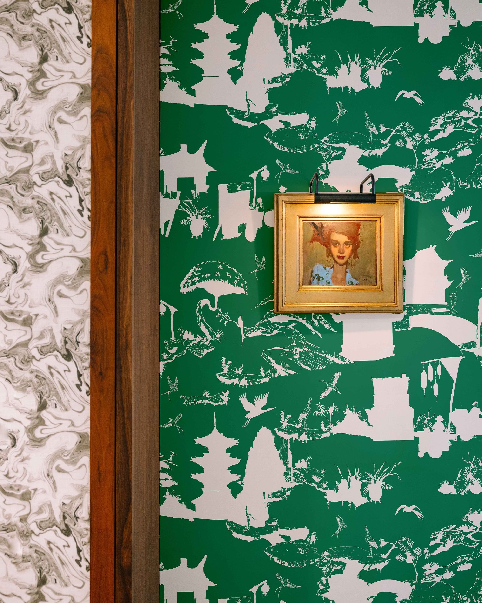 Shangri La Toile Wallpaper in hunter color - pattern number KK17119_Hunter_KH300 - by Katie Kime in the collection