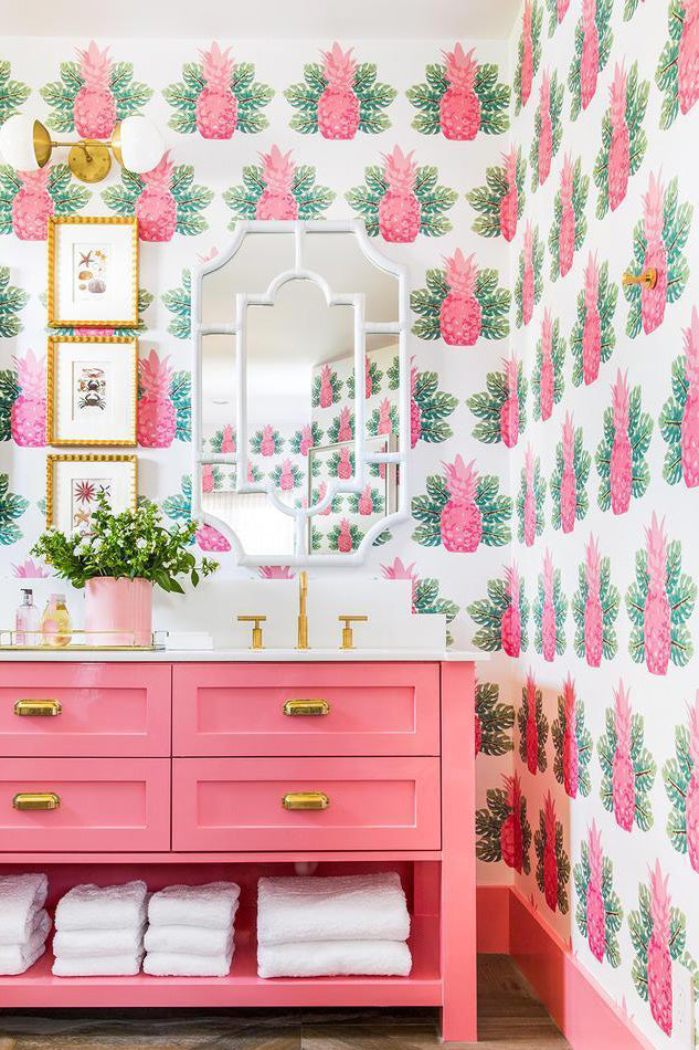 Spring Pineapples Wallpaper in Pink color - pattern number KK17019_KH300 - by Katie Kime in the collection