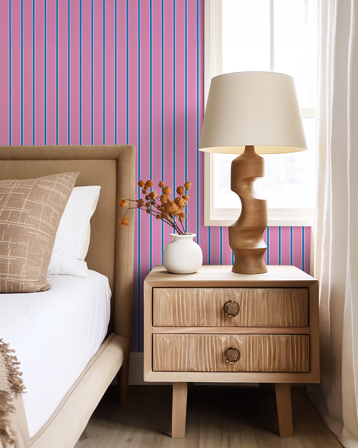 Tailored Stripe Wallpaper in Pink Blue color - pattern number KK793_Pink_Blue_KH300 - by Katie Kime in the collection
