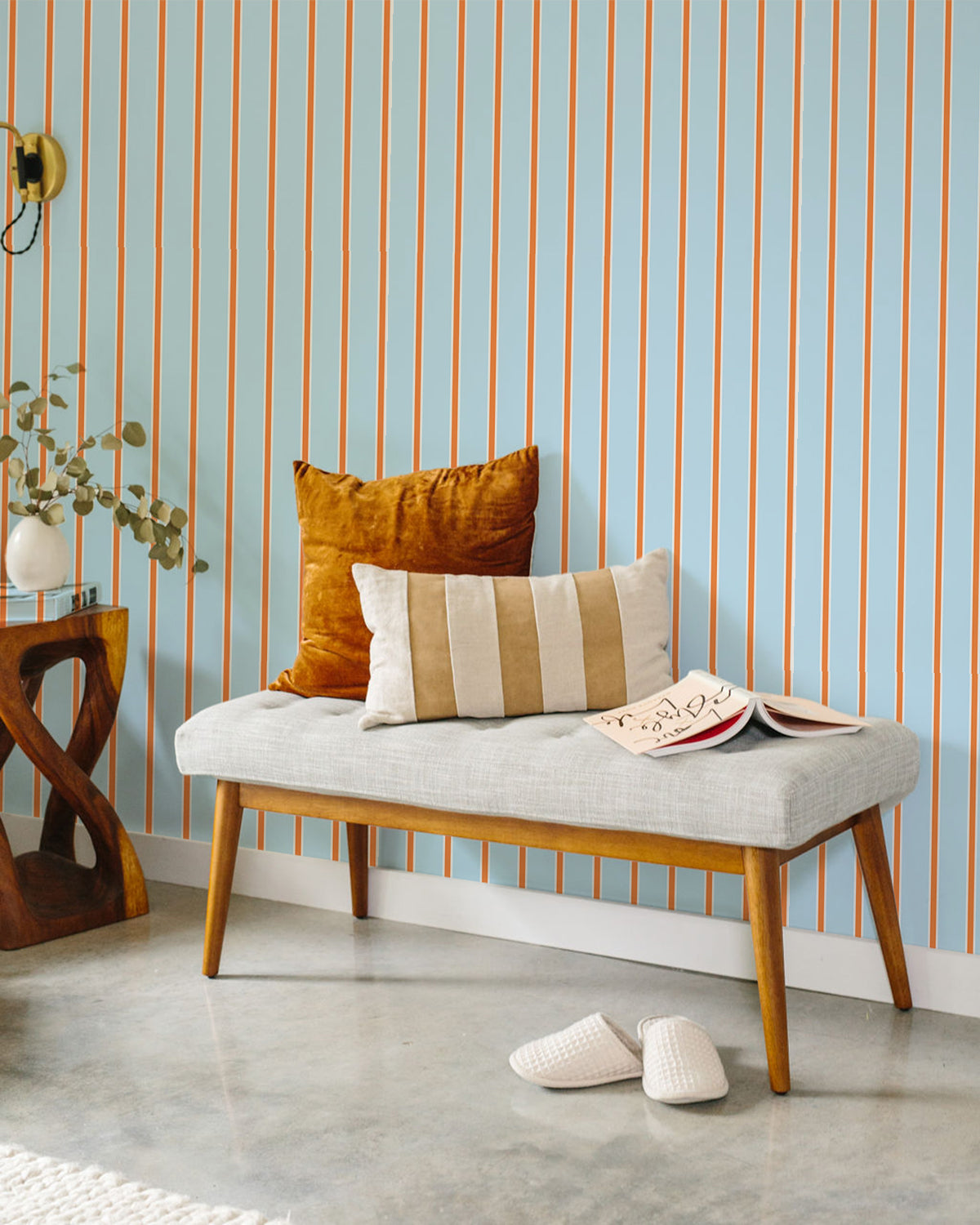 Tailored Stripe Wallpaper in Light Blue Orange color - pattern number KK793_Light_Blue_Orange_KH300 - by Katie Kime in the collection