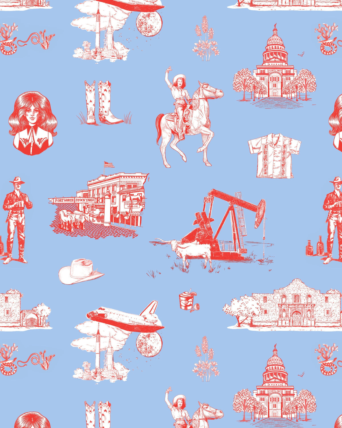 Texas Toile Wallpaper in Blue Red color - pattern number KK824_Blue_Red_KH300 - by Katie Kime in the collection