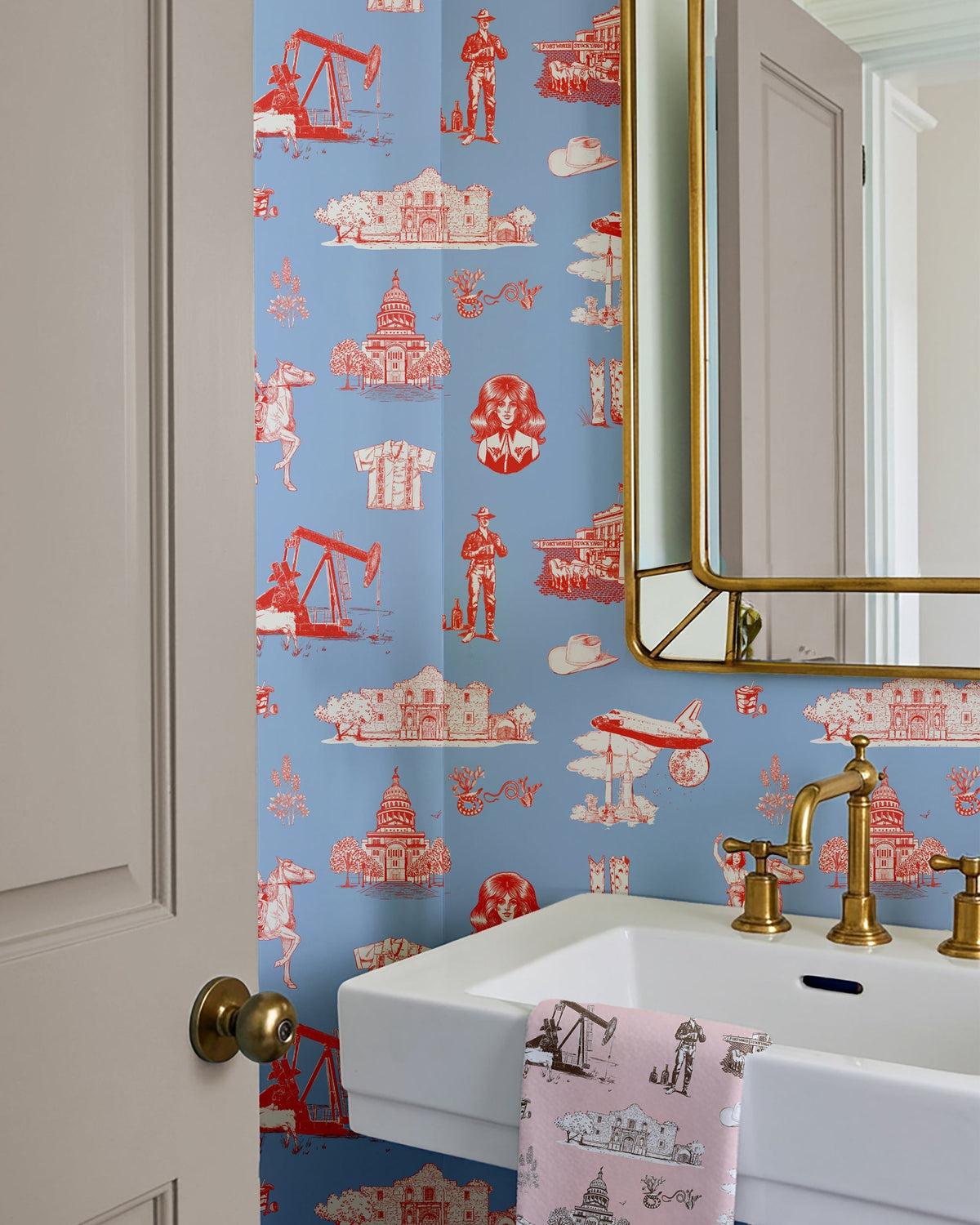 Texas Toile Wallpaper in Blue Red color - pattern number KK824_Blue_Red_KH300 - by Katie Kime in the collection