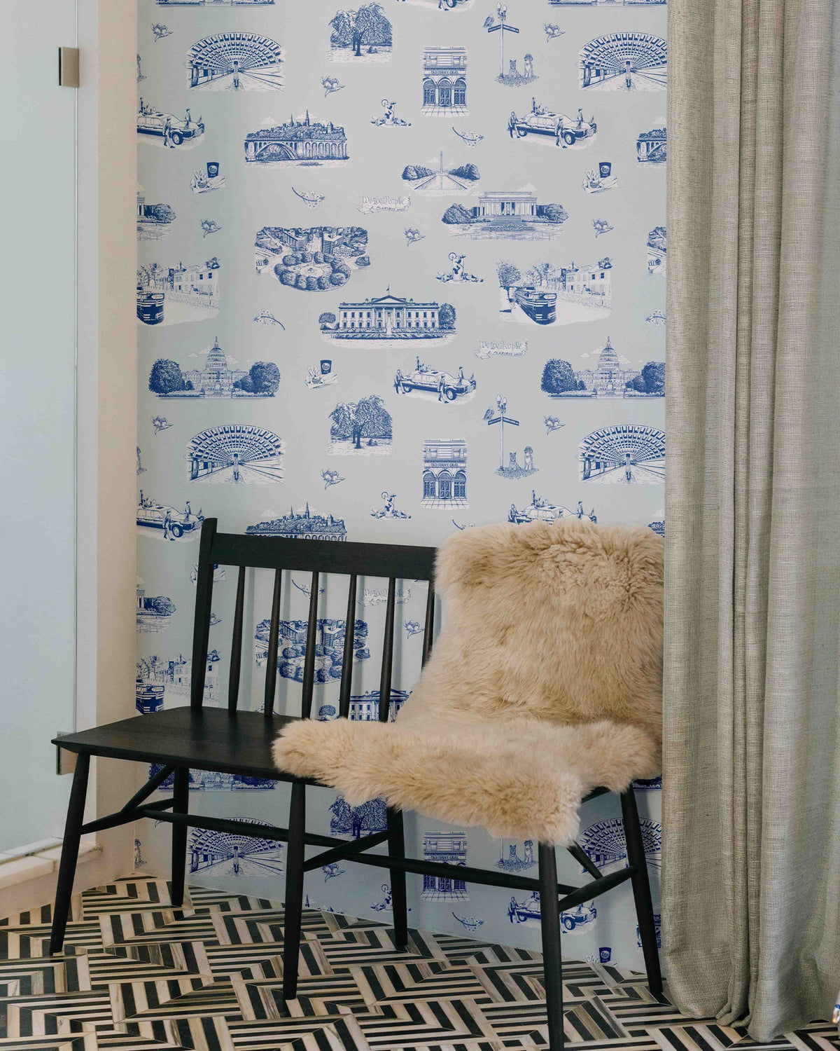 Washington DC Toile Wallpaper in Dusty Blue Navy color - pattern number KK770_Grey_Blue_Black_KH300 - by Katie Kime in the collection