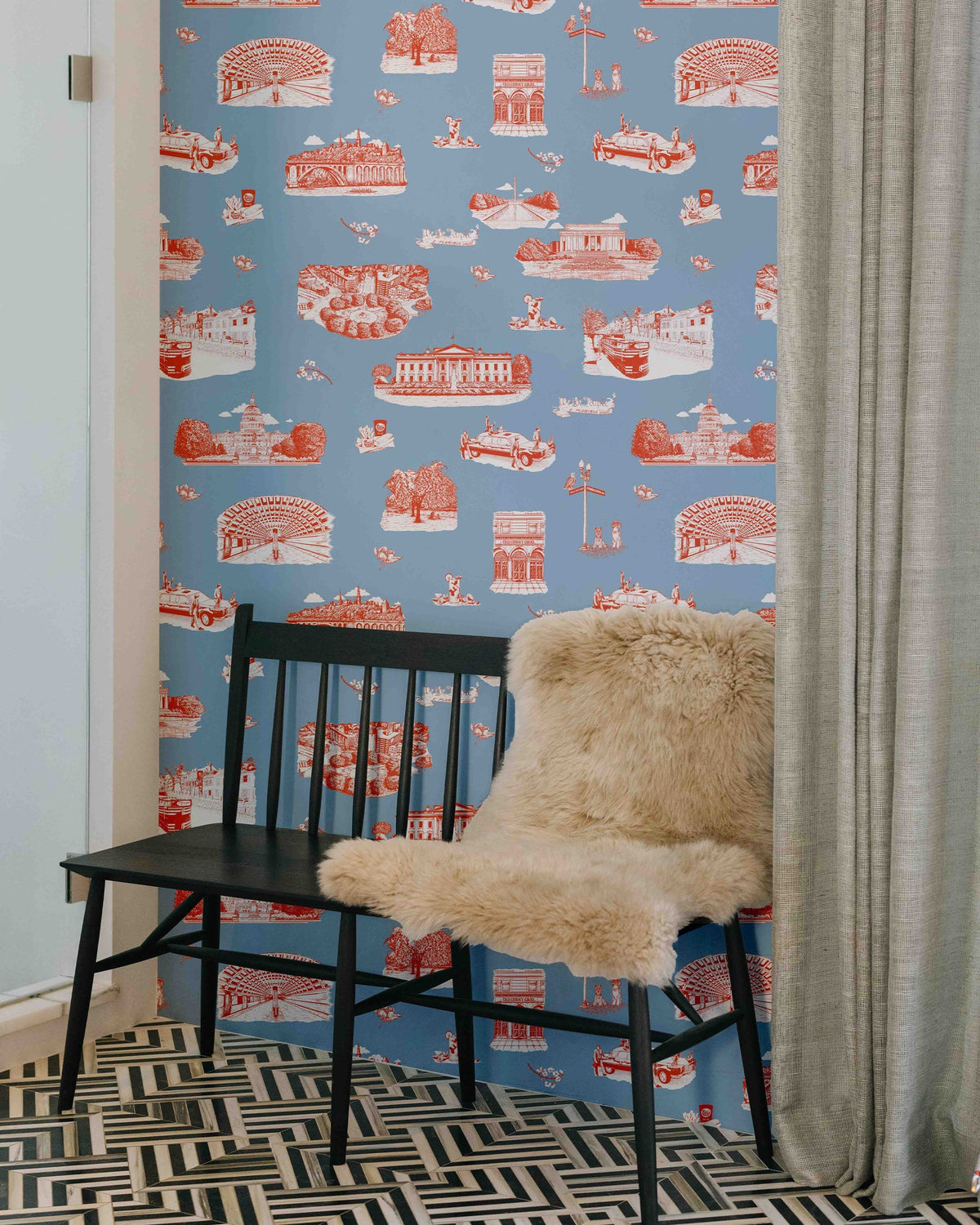Washington DC Toile Peel and Stick Wallpaper in Blue Red color - pattern number KK770_Blue_Red_KH306 - by Katie Kime in the collection