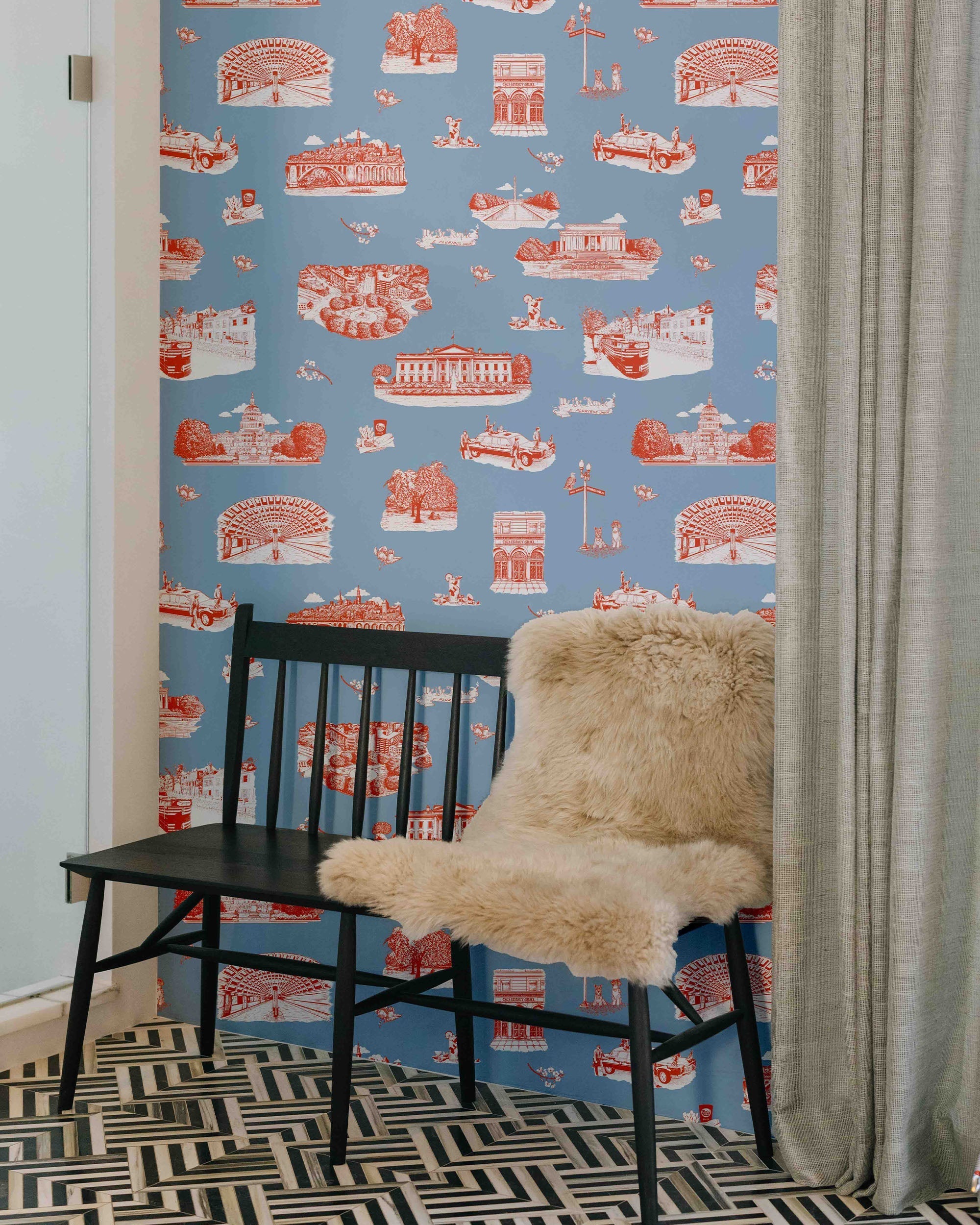 Washington DC Toile Wallpaper in Blue Red color - pattern number KK770_Blue_Red_KH300 - by Katie Kime in the collection