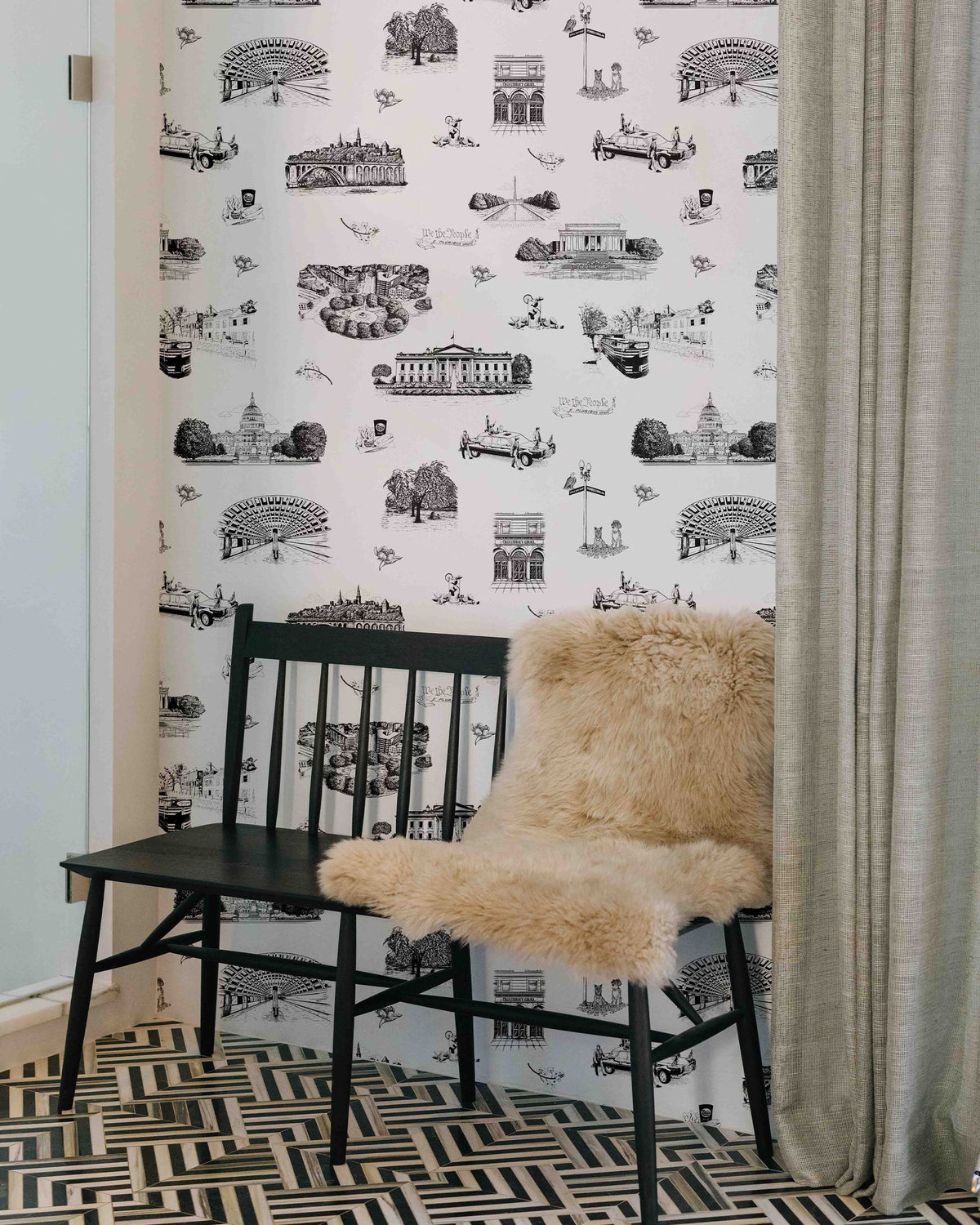 Washington DC Toile Peel and Stick Wallpaper in Black color - pattern number KK770_Black_KH306 - by Katie Kime in the collection