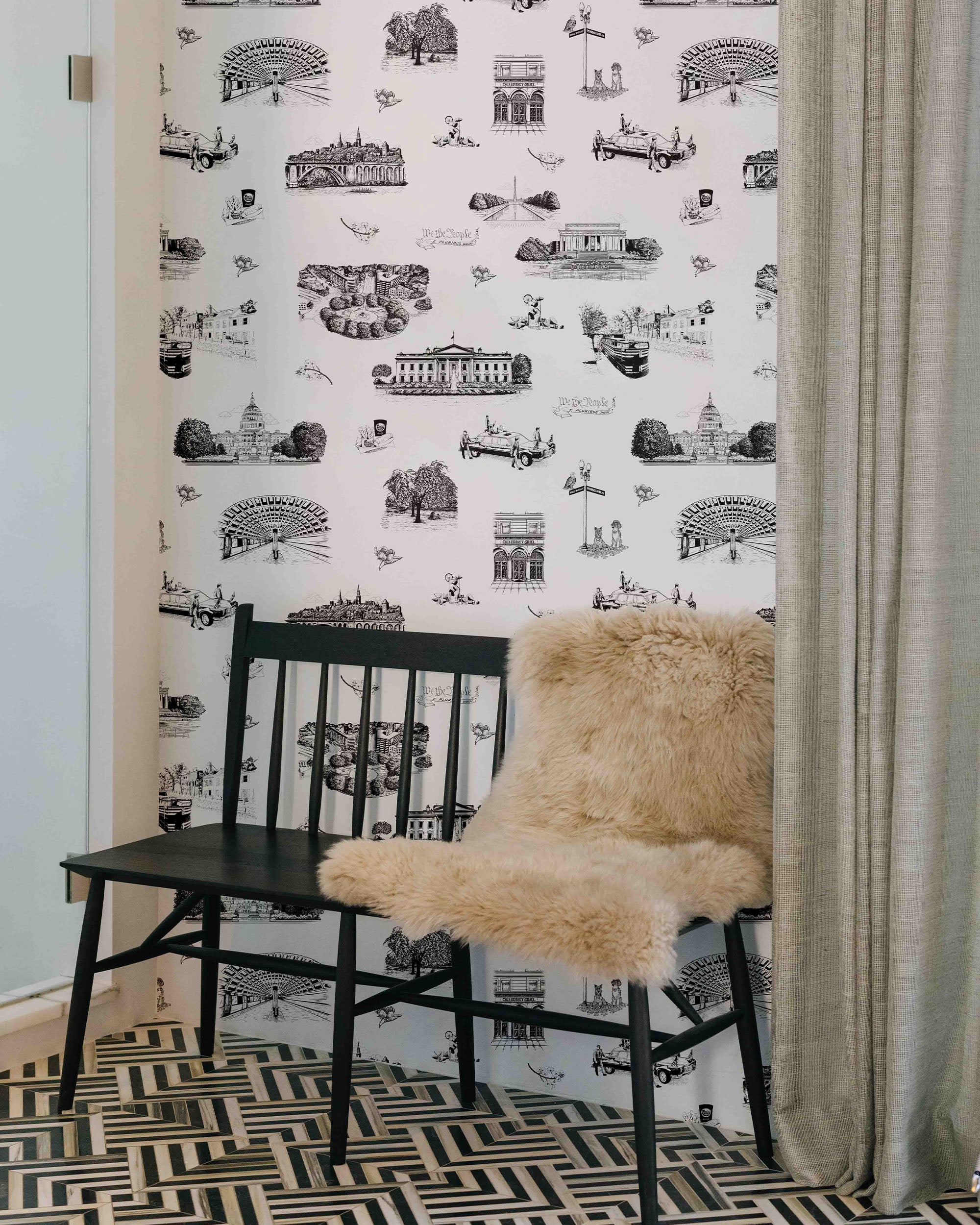 Washington DC Toile Wallpaper in Black color - pattern number KK770_Black_KH300 - by Katie Kime in the collection
