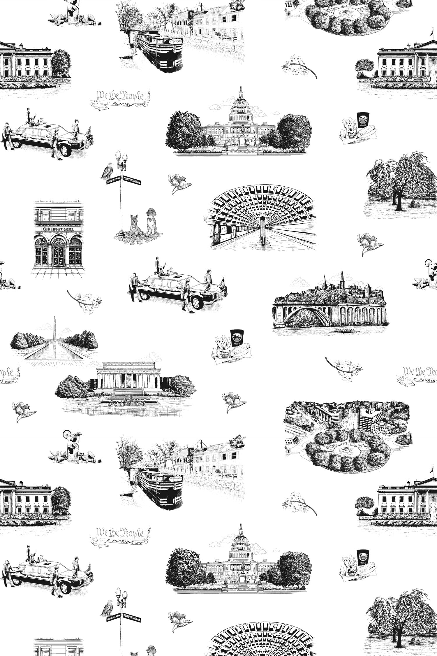Washington DC Toile Wallpaper in Black color - pattern number KK770_Black_KH300 - by Katie Kime in the collection