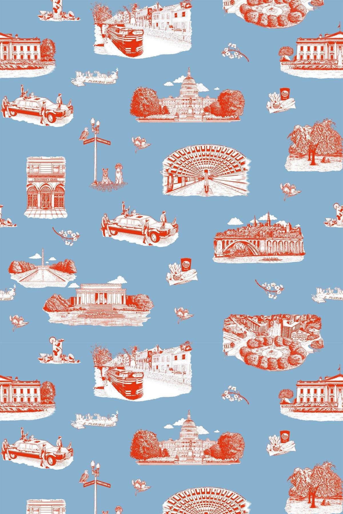 Washington DC Toile Wallpaper in Blue Red color - pattern number KK770_Blue_Red_KH300 - by Katie Kime in the collection