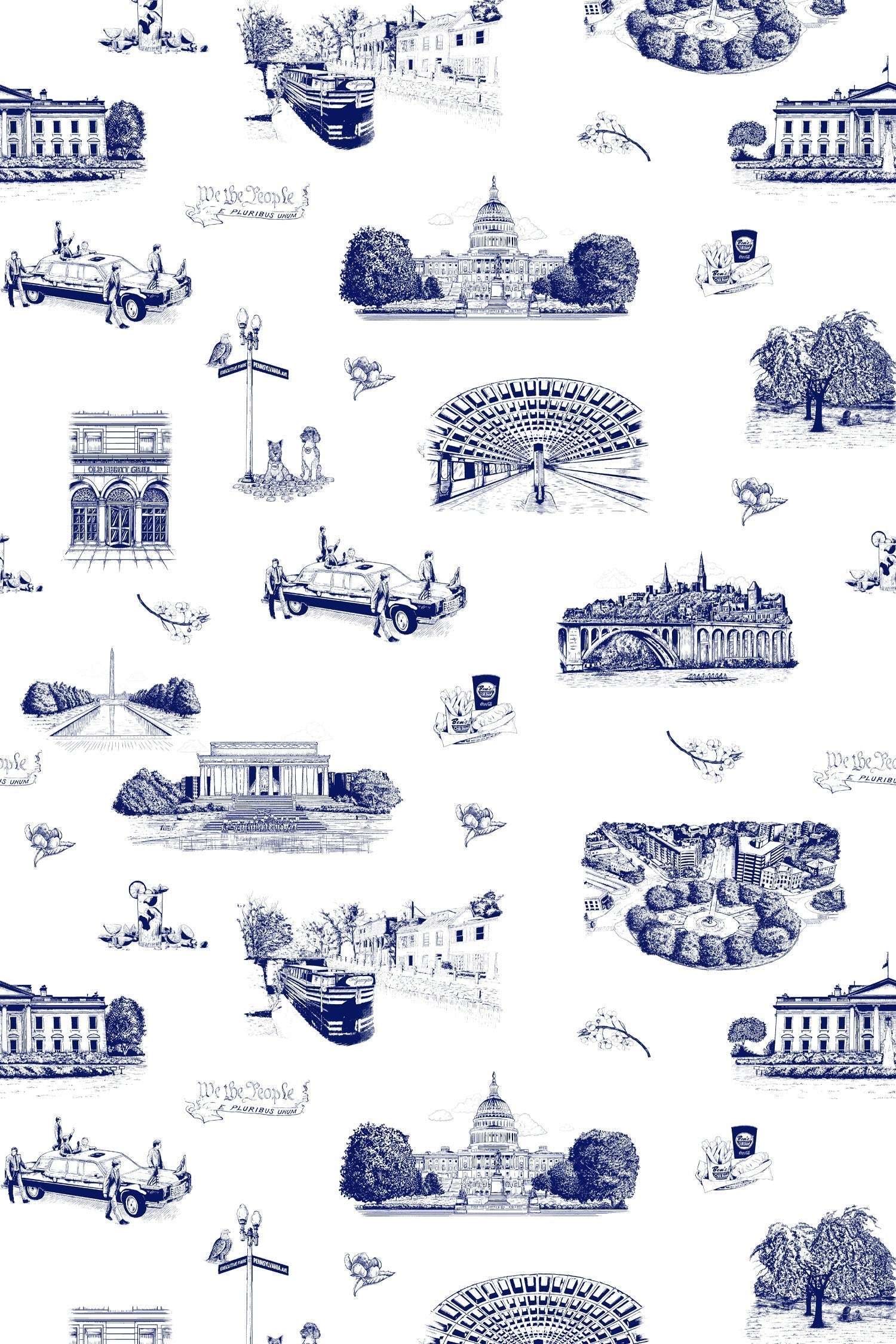 Washington DC Toile Wallpaper in navy color - pattern number KK770_Navy_KH300 - by Katie Kime in the collection