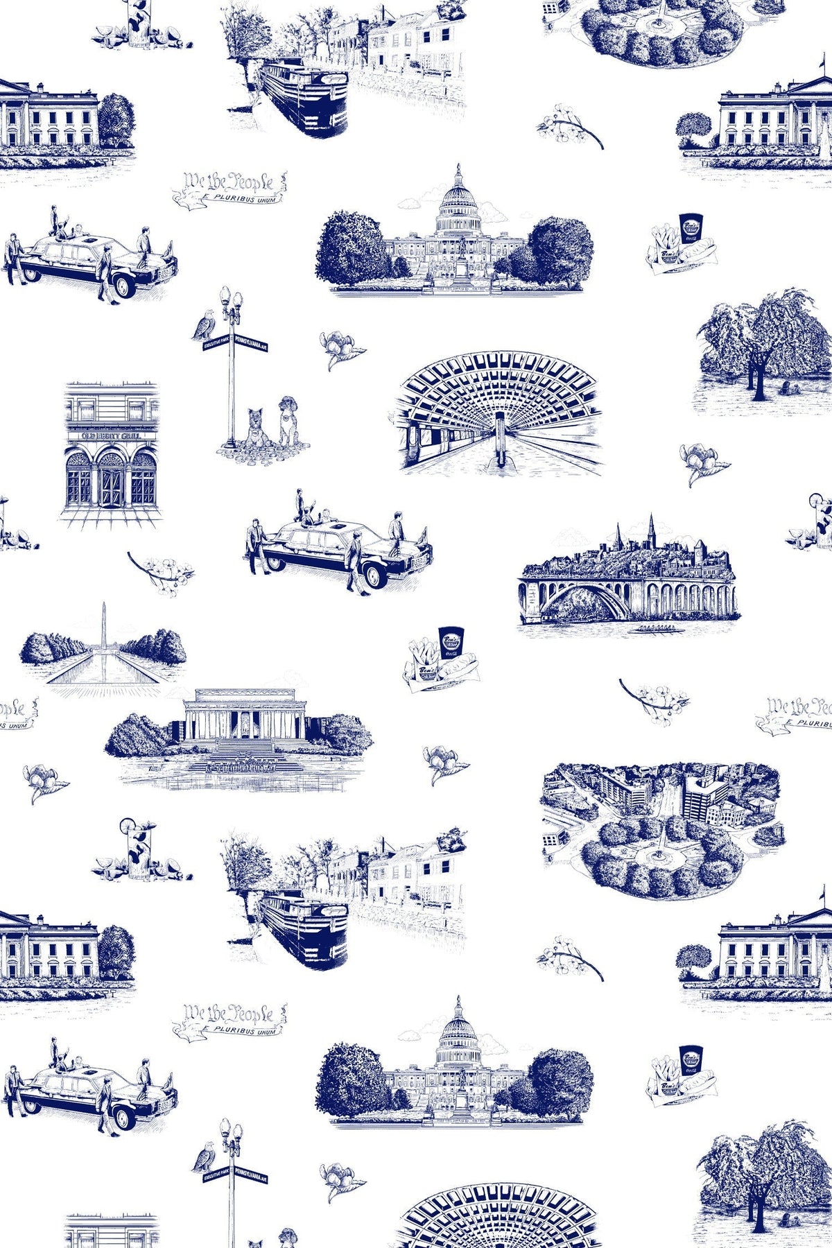 Washington DC Toile Wallpaper in Navy color - pattern number KK770_Navy_KH300 - by Katie Kime in the collection