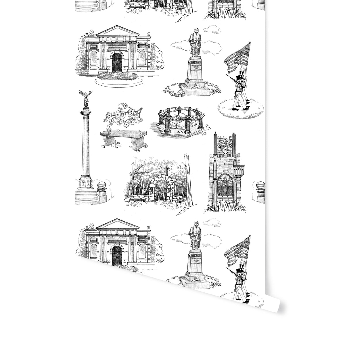 West Point Toile Wallpaper in Black color - pattern number KK704_Black_KH300 - by Katie Kime in the collection