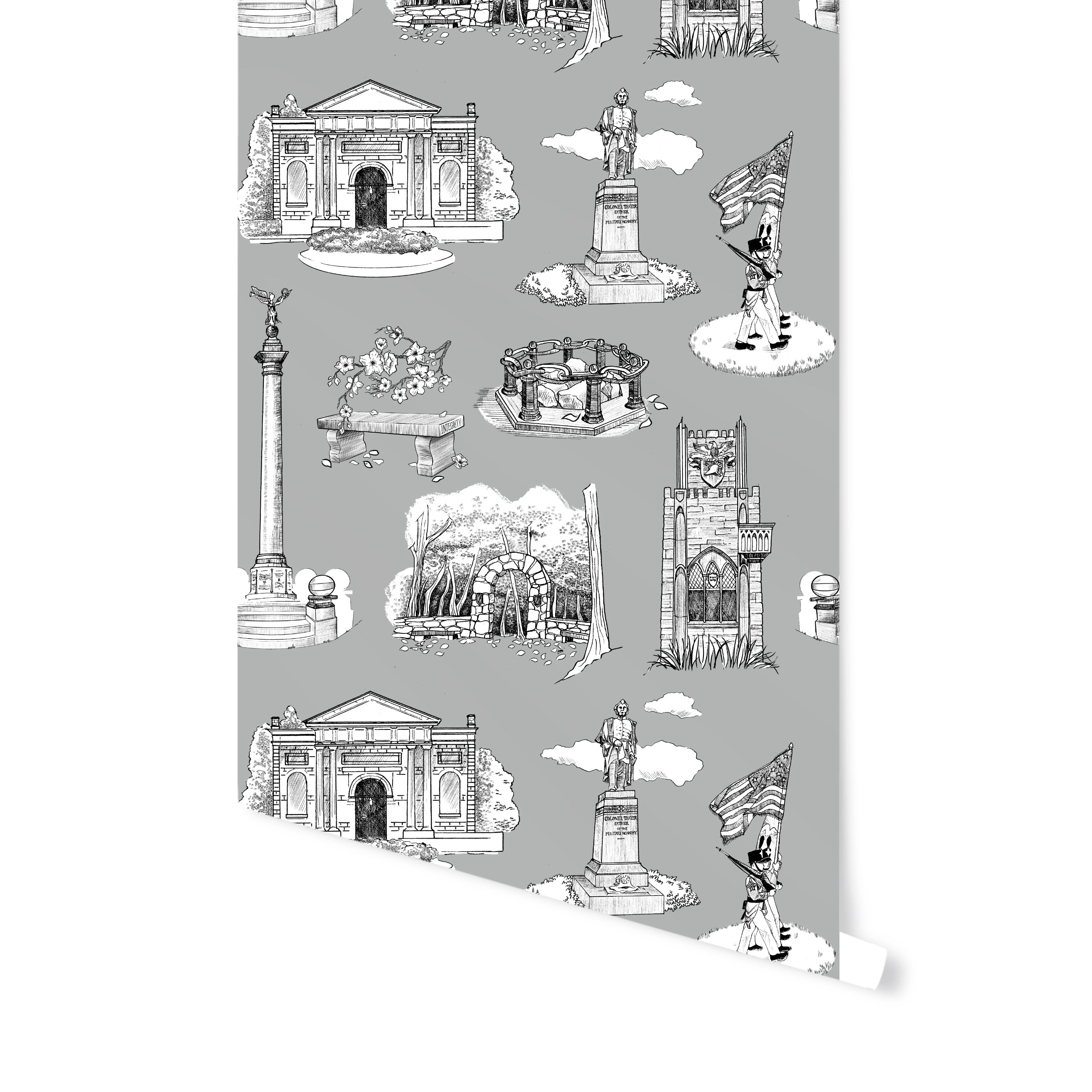 West Point Toile Wallpaper in Grey color - pattern number KK704_Grey_KH300 - by Katie Kime in the collection