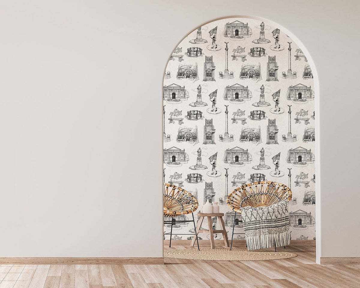 West Point Toile Wallpaper in Black color - pattern number KK704_Black_KH300 - by Katie Kime in the collection