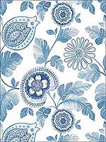 Calypso Paisley Leaf Blue Oasis Ivory Wallpaper RY31202 by Seabrook Wallpaper for sale at Wallpapers To Go