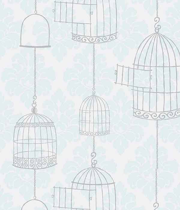light blue wallpaper pattern with bird cages