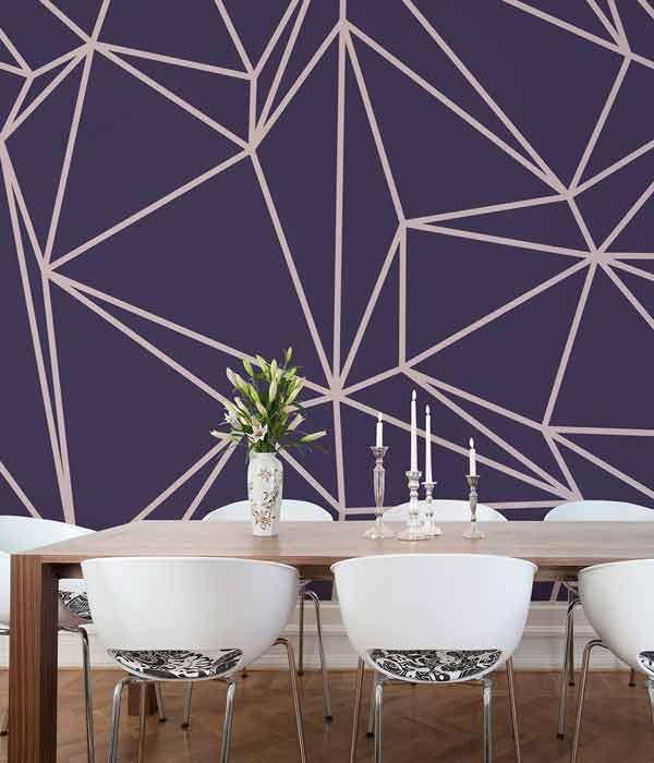 modern dining room with diagonal striped wallpaper on walls
