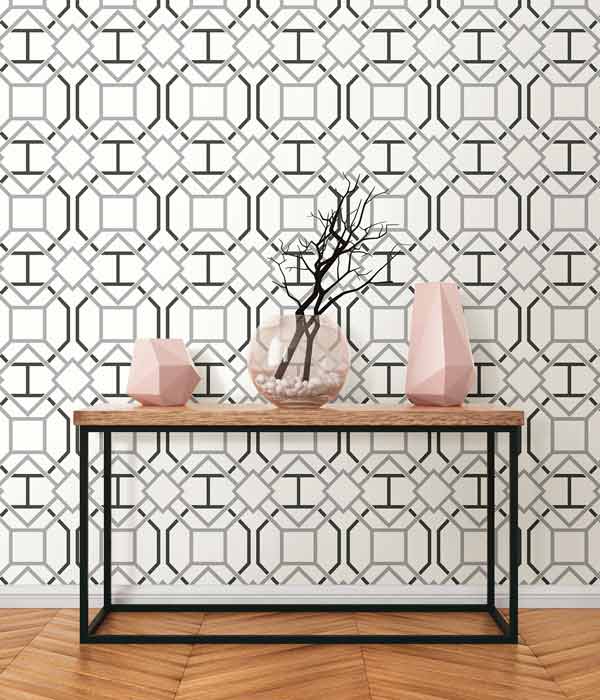 entrance hall with black and white geometric print wall covering
