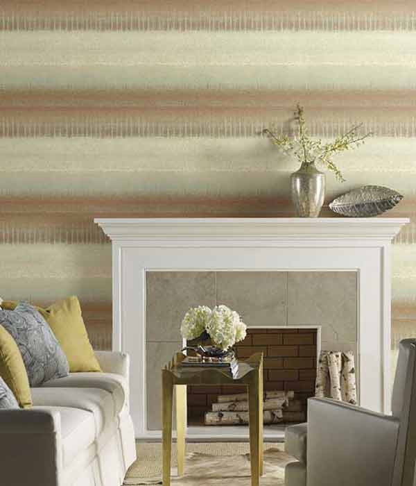 living room fireplace surrounded by wall coverings that have wide horizontal stripes