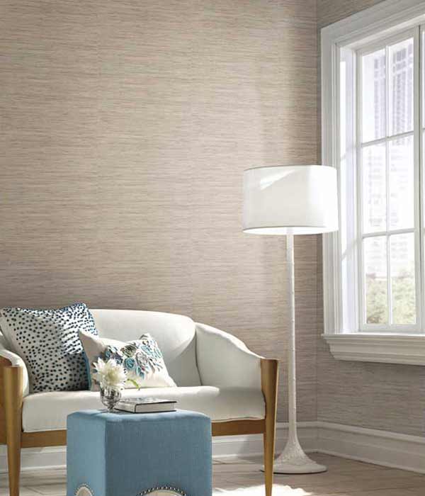 living room with grasscloth wall coverings