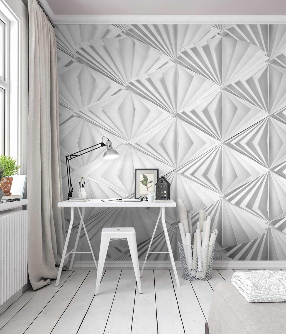 detail interor showing modern pattern wallpaper behind a desk