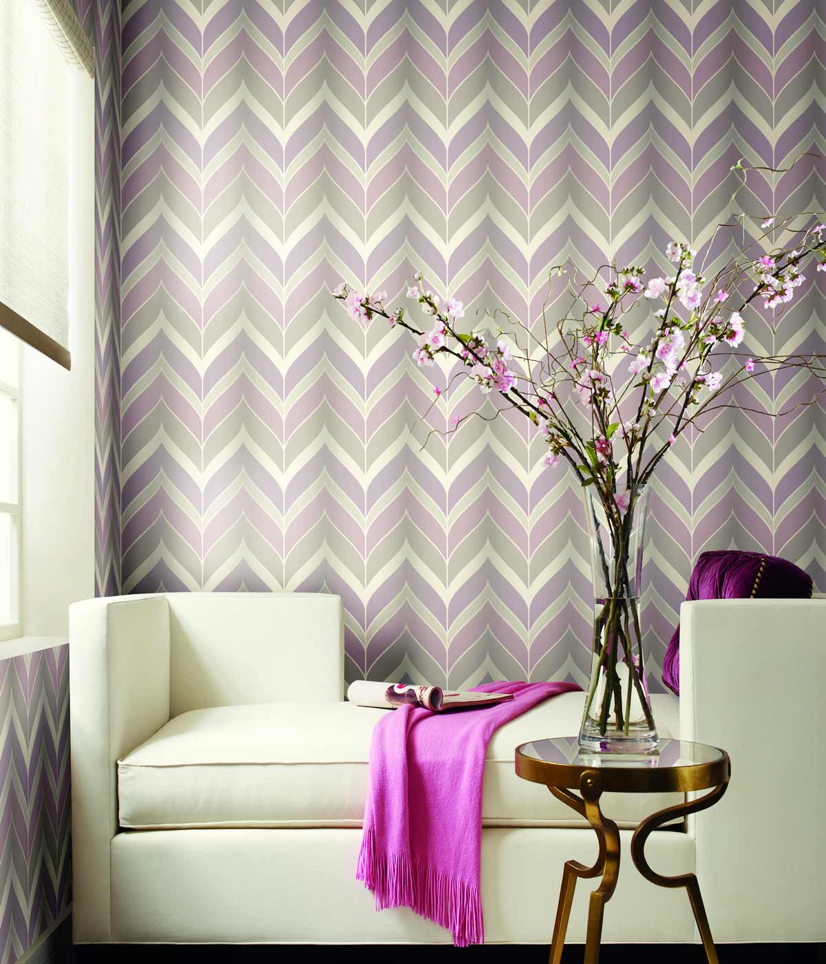 interior of a living room with patterned wall covering