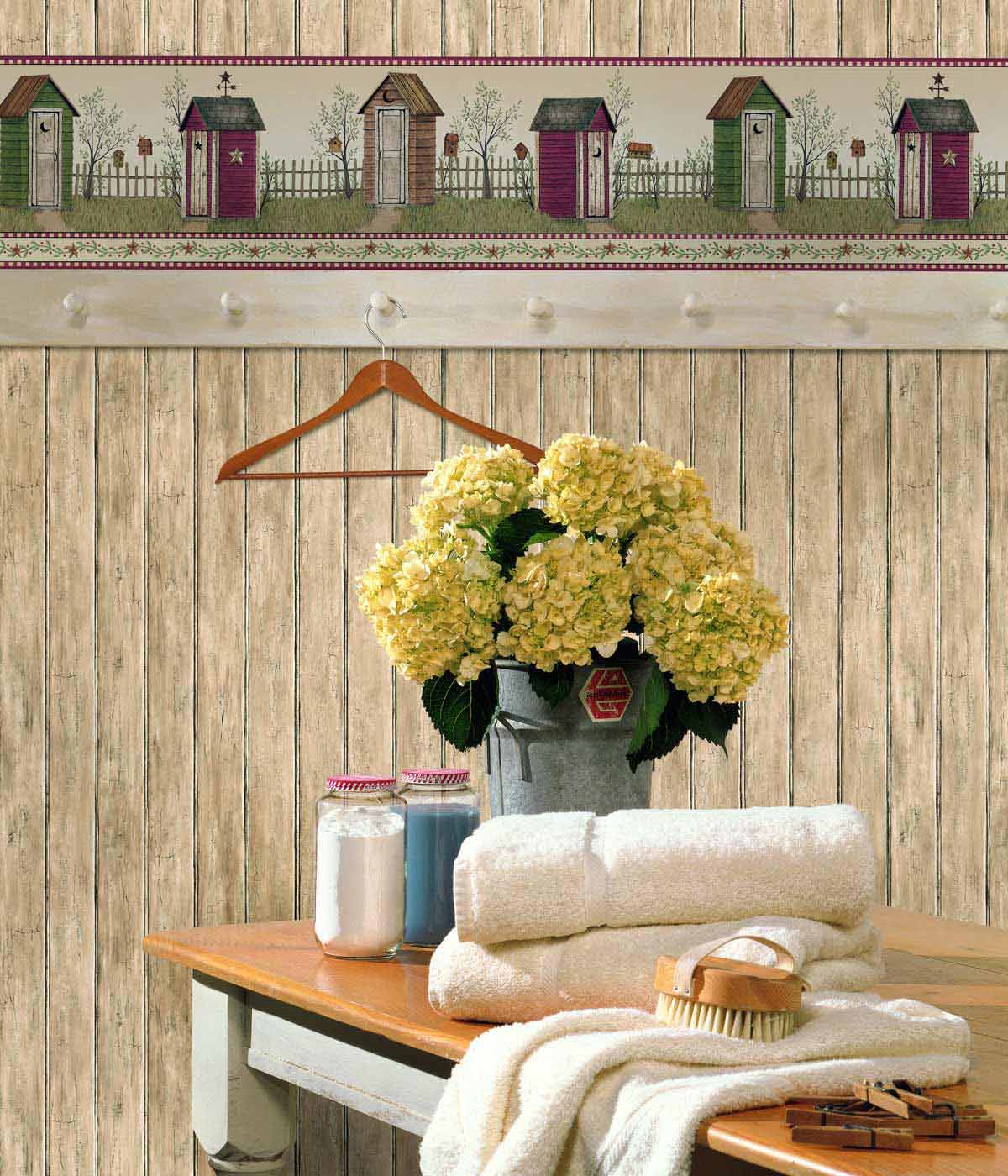 showing wallpaper on a wall in a washing room