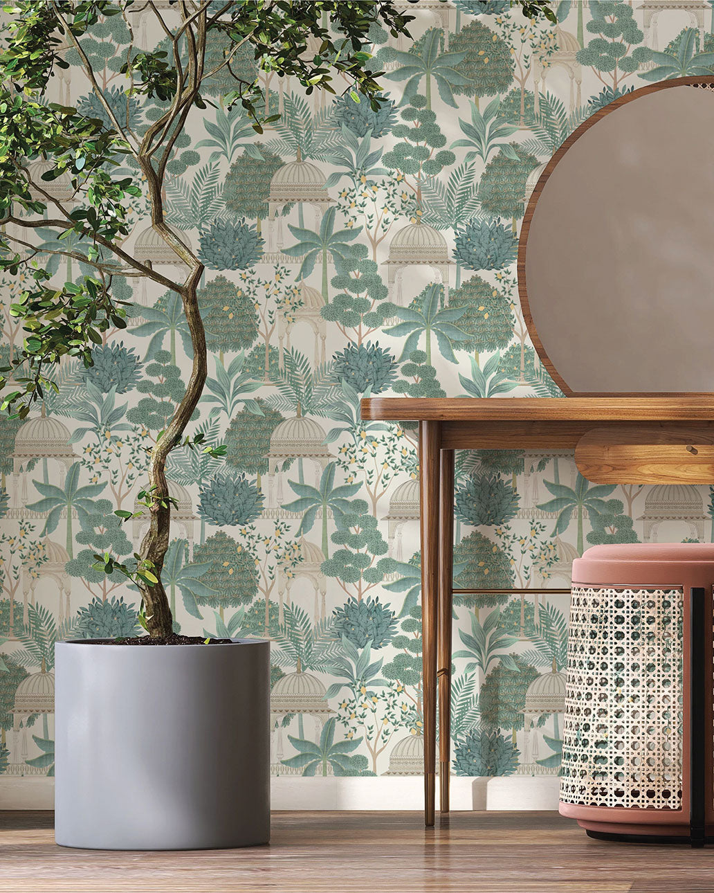 Exotic Pavilion Wallpaper in Parchment/Green color - pattern number 100015EH - by Seabrook in the Heritage Tales collection