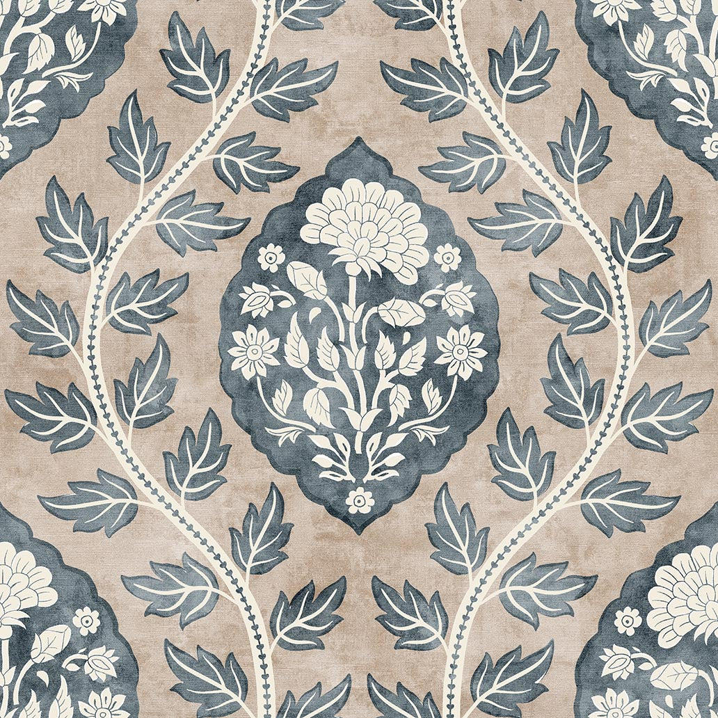 Floral Cartouche Wallpaper in Stone/Blue color - pattern number 100020EH - by Seabrook in the Heritage Tales collection